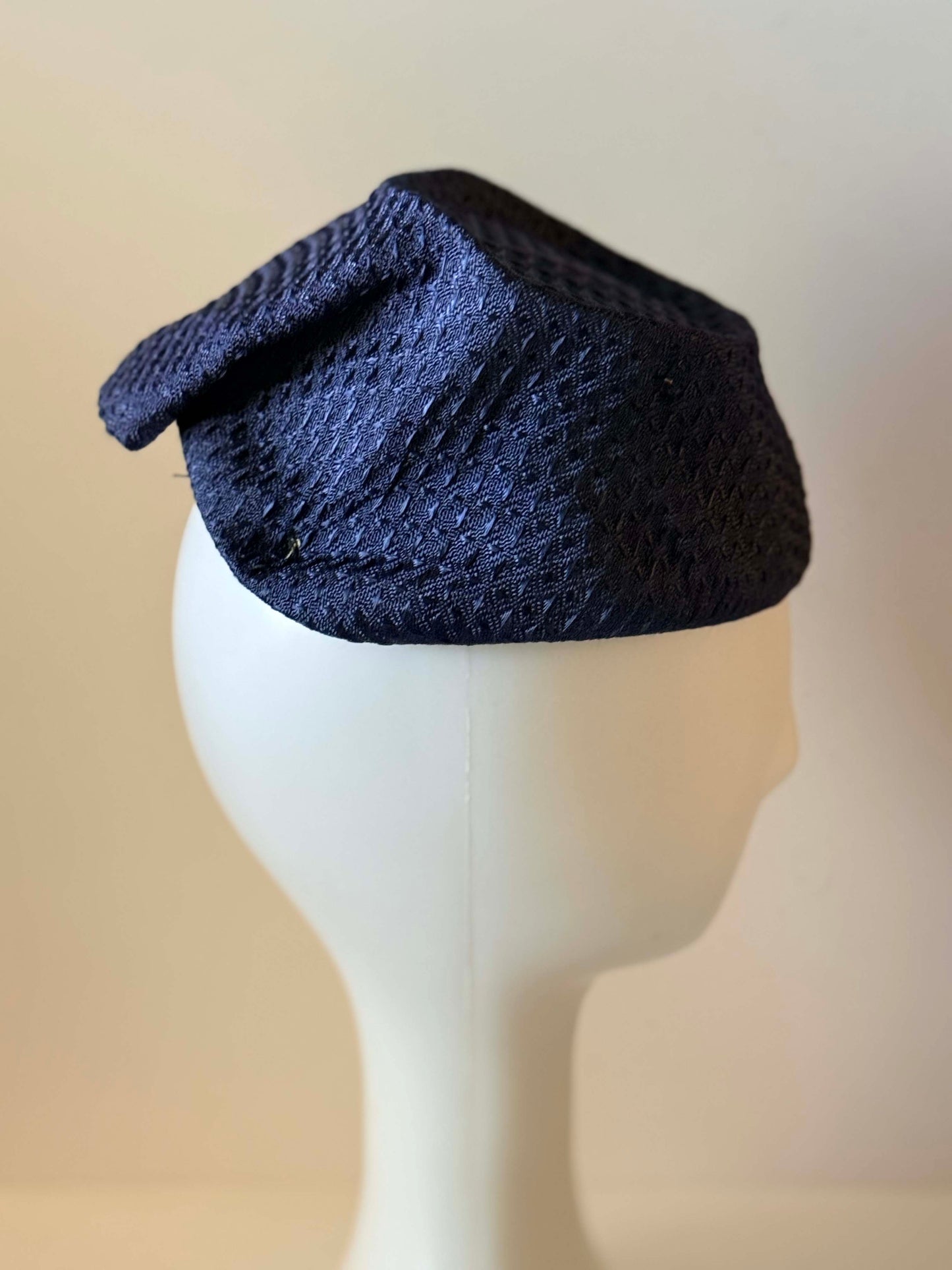 1950s Navy Blue Textured Tilt Hat | Sculptural Avant Garde Cocktail Hat | Minimalist Mid Century Fascinator
