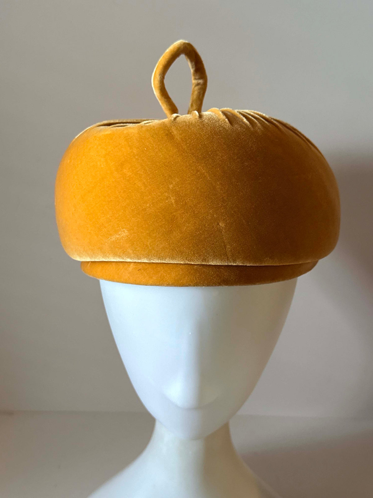 Vintage 1960s Miss Alice Velvet Turban Hat | Golden Mustard Yellow Sculptural Pillbox | Montaldo's Designer Millinery