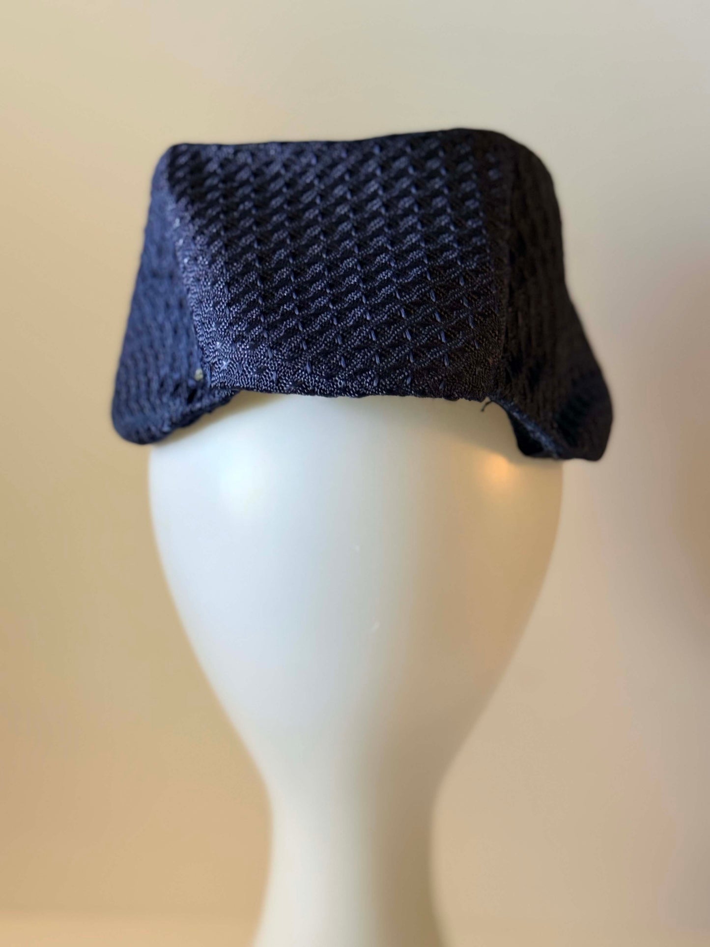 1950s Navy Blue Textured Tilt Hat | Sculptural Avant Garde Cocktail Hat | Minimalist Mid Century Fascinator