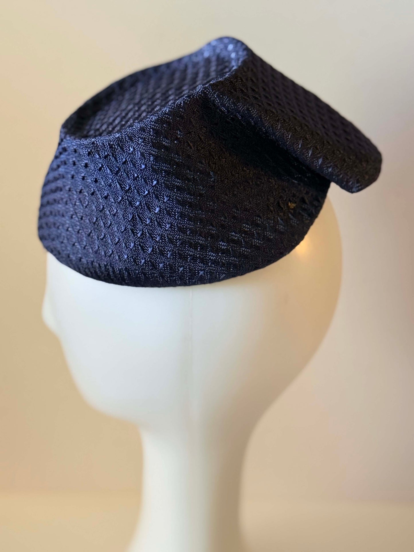 1950s Navy Blue Textured Tilt Hat | Sculptural Avant Garde Cocktail Hat | Minimalist Mid Century Fascinator