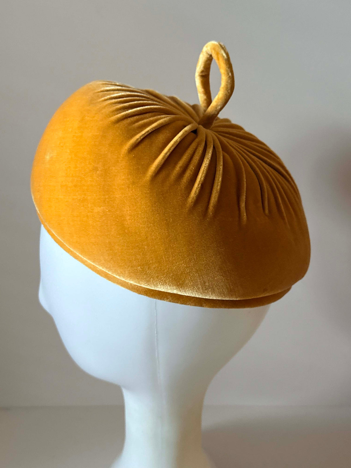 Vintage 1960s Miss Alice Velvet Turban Hat | Golden Mustard Yellow Sculptural Pillbox | Montaldo's Designer Millinery