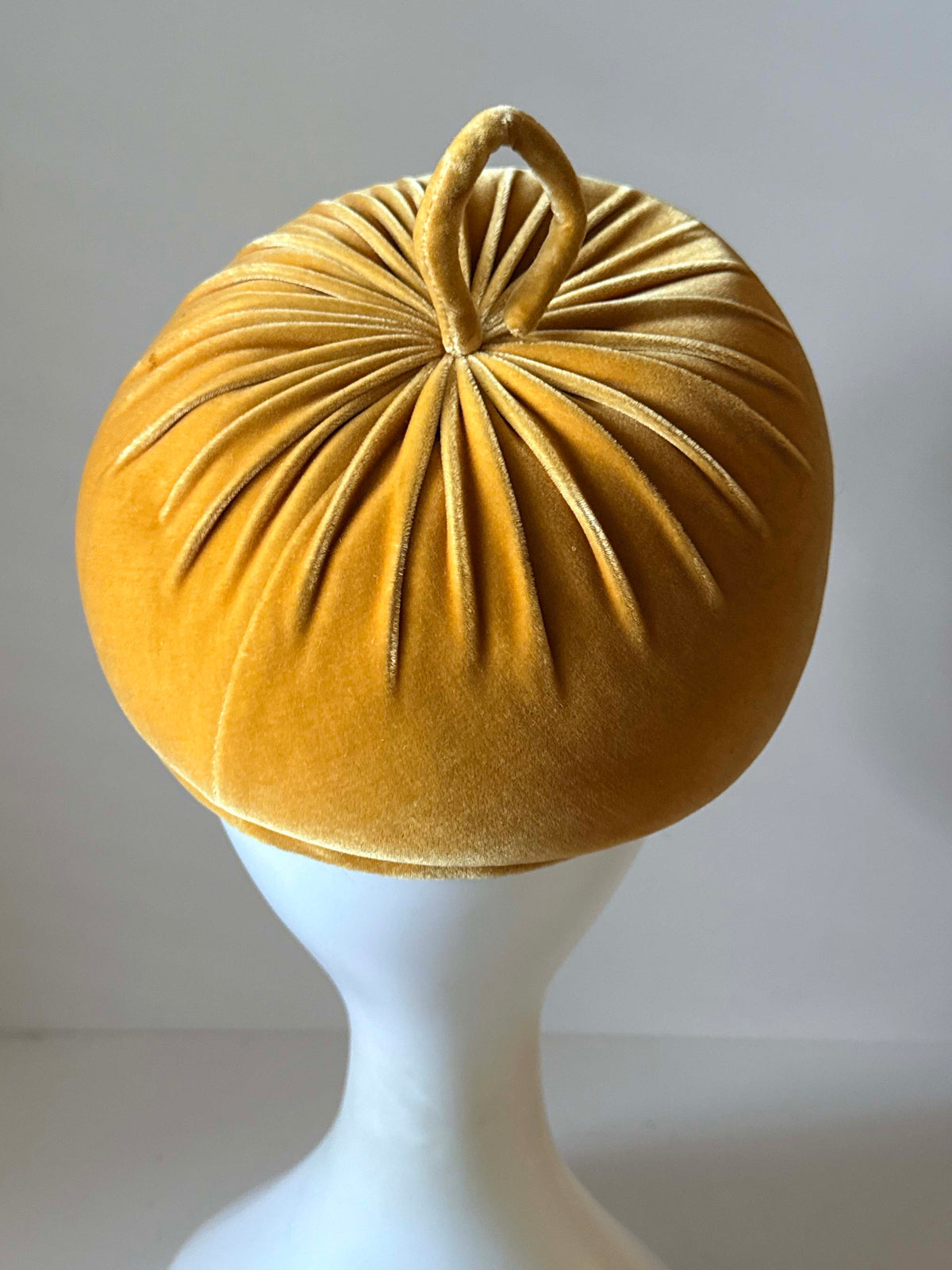 Vintage 1960s Miss Alice Velvet Turban Hat | Golden Mustard Yellow Sculptural Pillbox | Montaldo's Designer Millinery