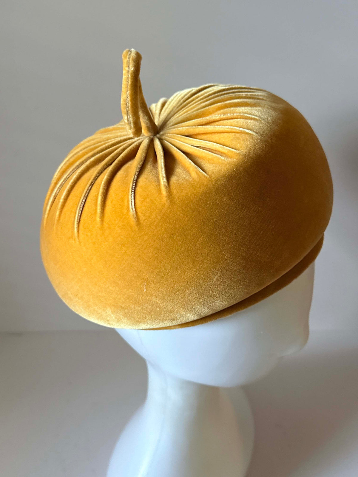 Vintage 1960s Miss Alice Velvet Turban Hat | Golden Mustard Yellow Sculptural Pillbox | Montaldo's Designer Millinery