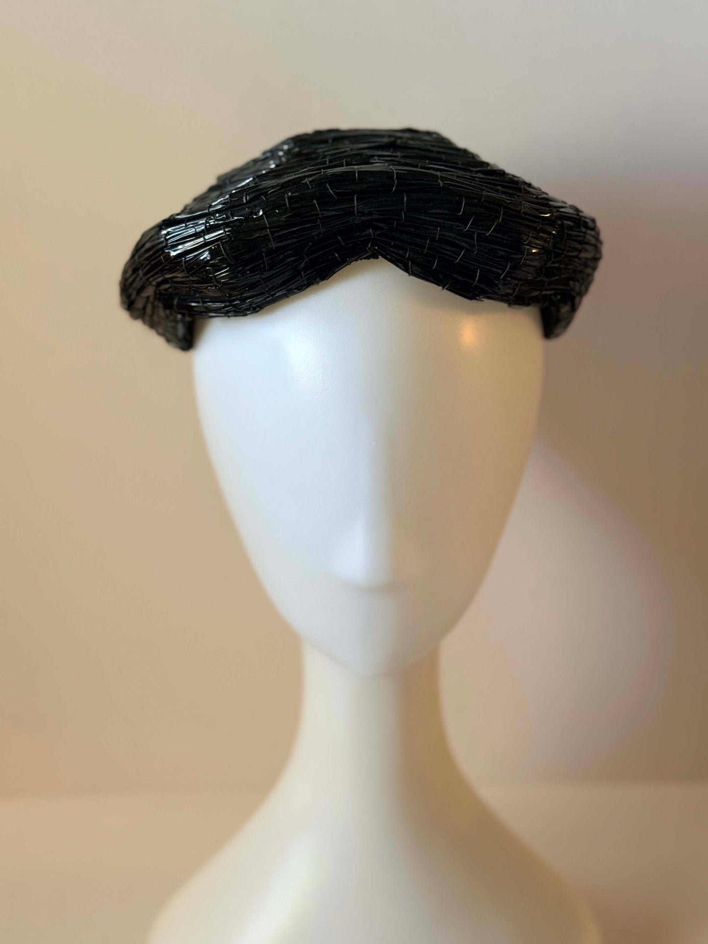 1950s Saks Fifth Avenue Black Woven Raffia Hat | Sculptural Avant Garde Cocktail Hat | Architectural Mid Century Millinery