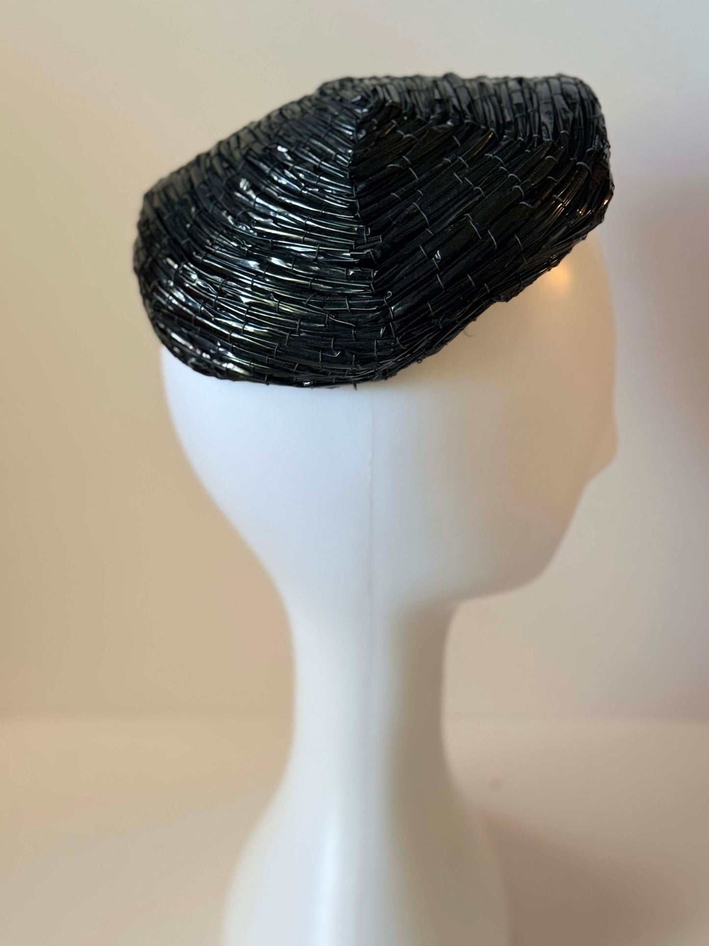 1950s Saks Fifth Avenue Black Woven Raffia Hat | Sculptural Avant Garde Cocktail Hat | Architectural Mid Century Millinery