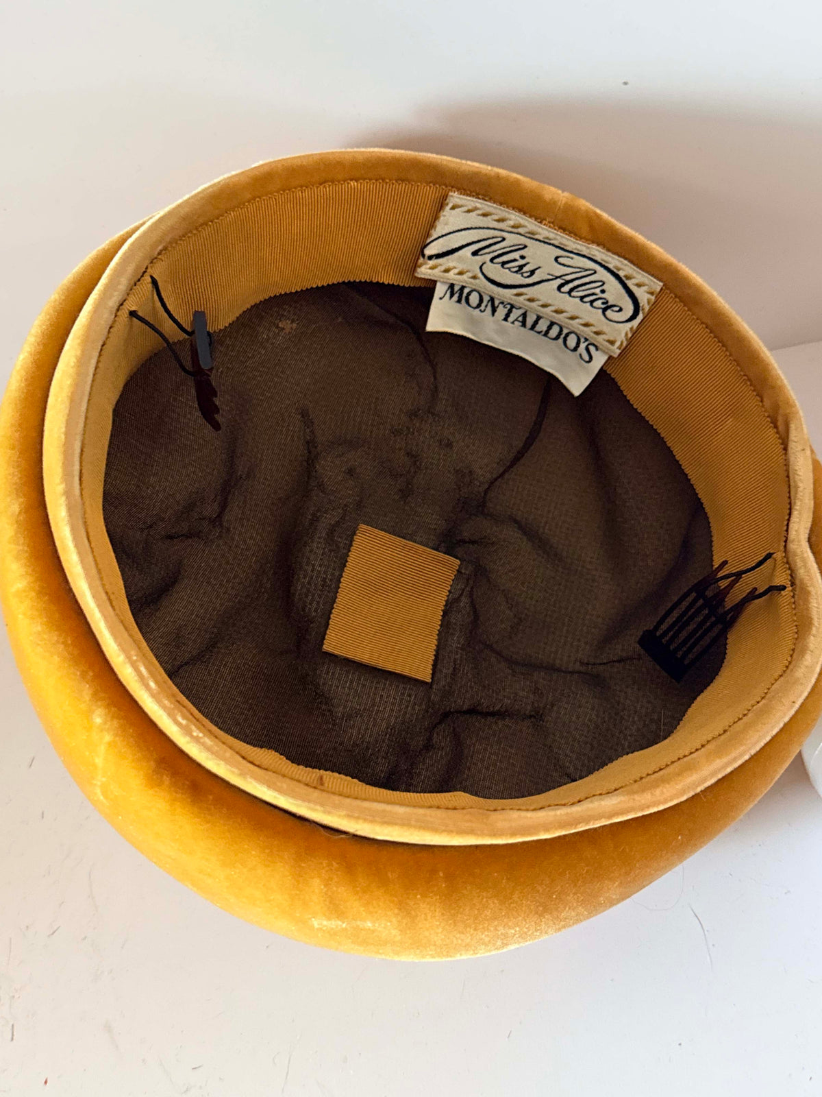 Vintage 1960s Miss Alice Velvet Turban Hat | Golden Mustard Yellow Sculptural Pillbox | Montaldo's Designer Millinery