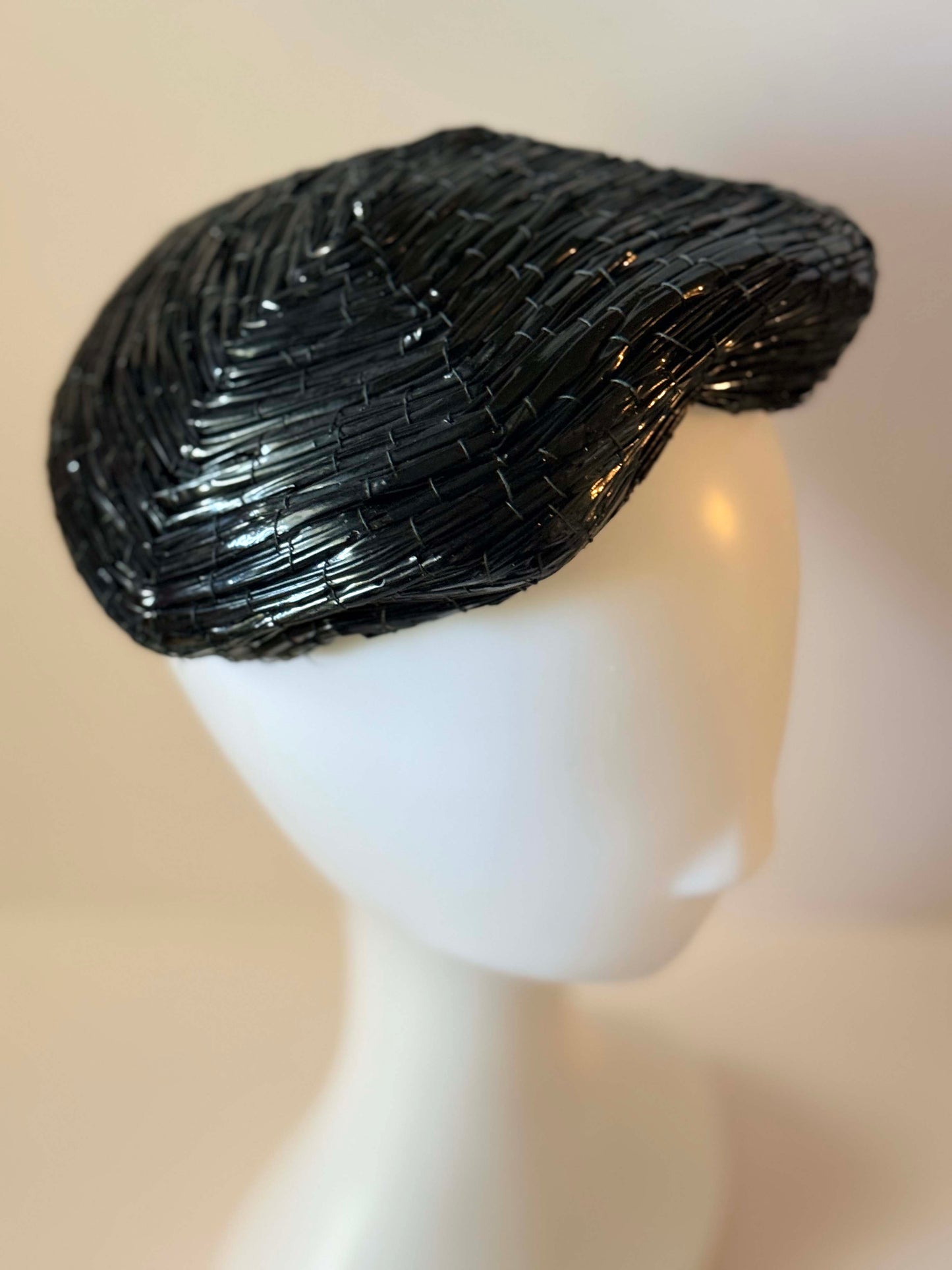 1950s Saks Fifth Avenue Black Woven Raffia Hat | Sculptural Avant Garde Cocktail Hat | Architectural Mid Century Millinery
