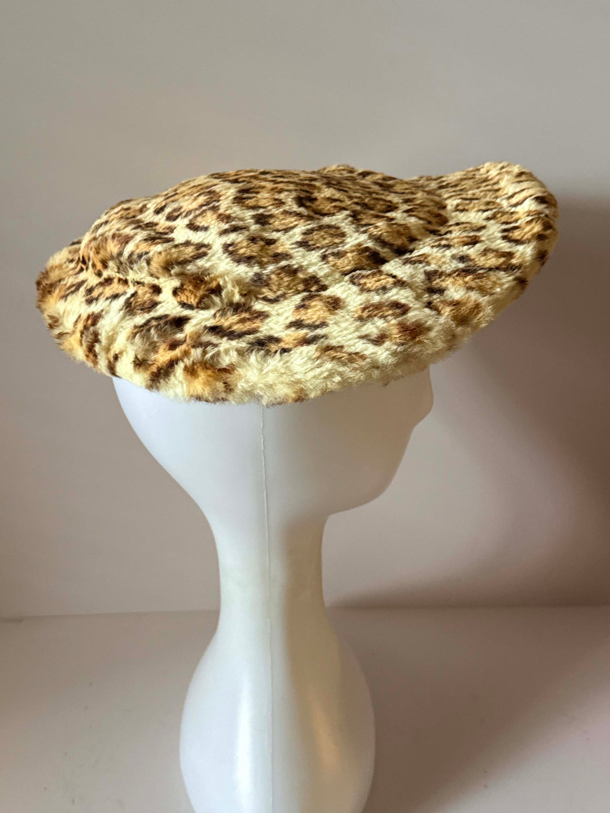 Vintage 1950s Leopard Print Faux Fur Hat | Wide Brimmed Picture Hat | Rockabilly Animal Print Millinery | Retro Winter Fashion
