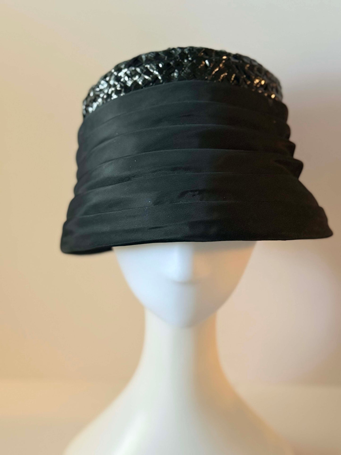 1950s Black Silk and Raffia Bucket  Hat | Sculptural Mid Century Tilt Hat | Elegant Avant Garde Fascinator