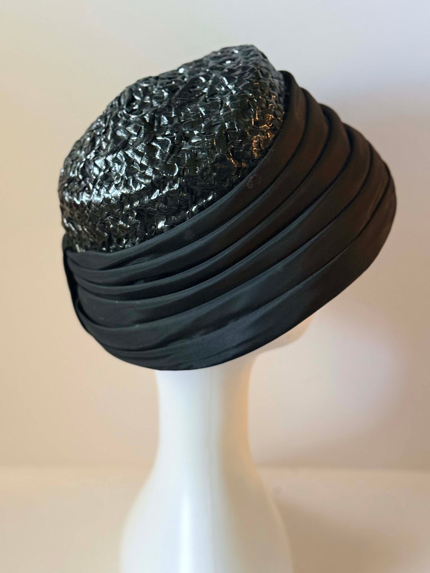 1950s Black Silk and Raffia Bucket  Hat | Sculptural Mid Century Tilt Hat | Elegant Avant Garde Fascinator