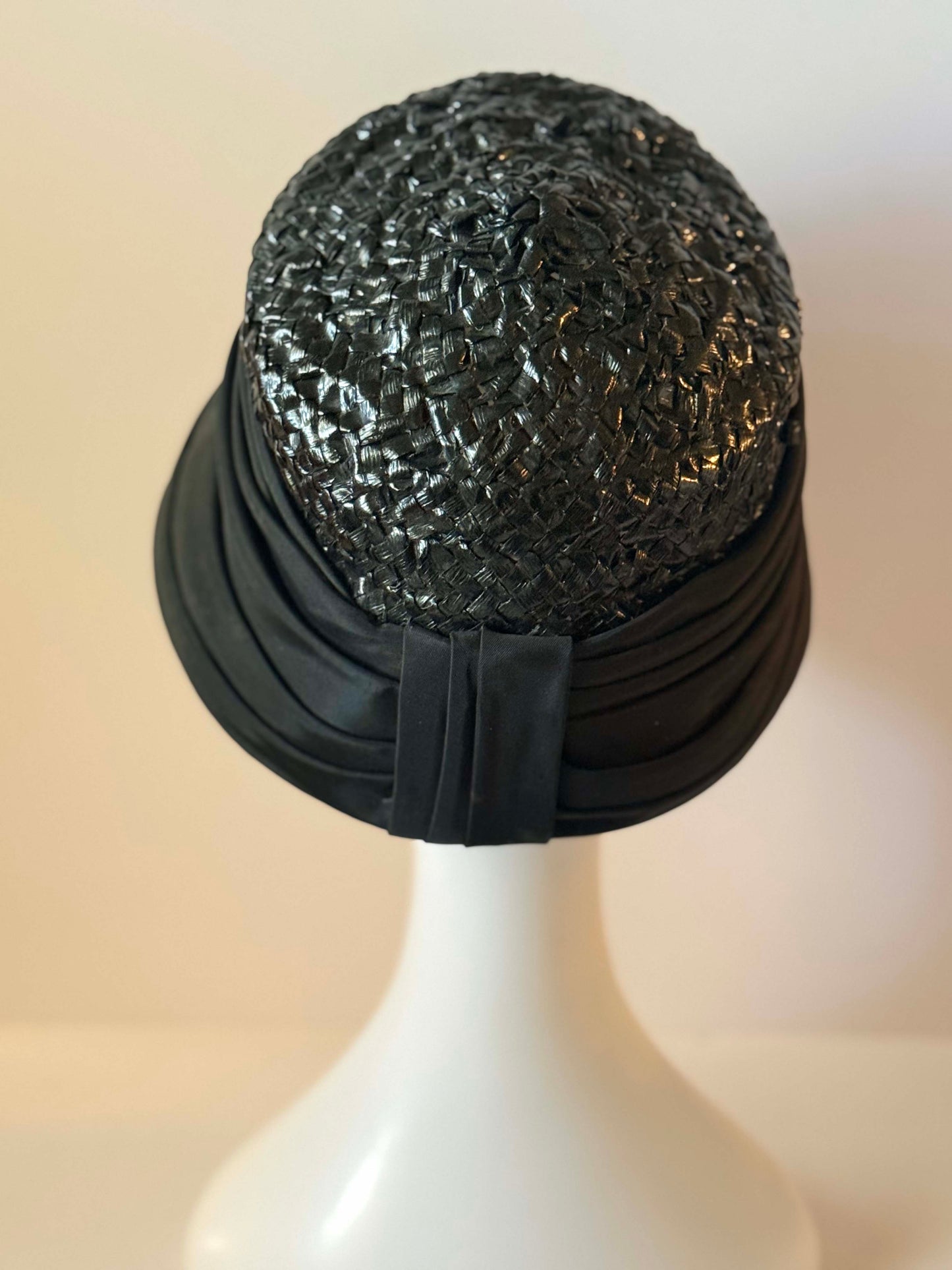 1950s Black Silk and Raffia Bucket  Hat | Sculptural Mid Century Tilt Hat | Elegant Avant Garde Fascinator