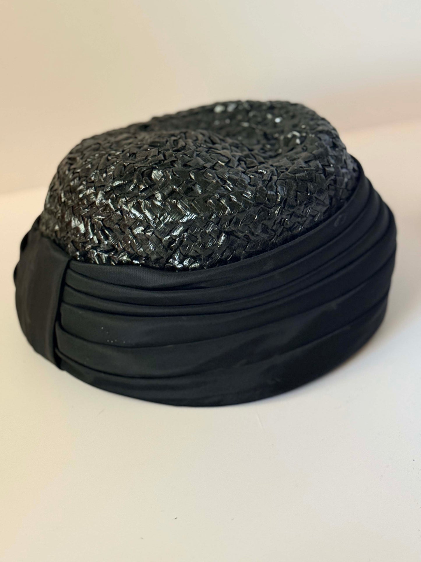 1950s Black Silk and Raffia Bucket  Hat | Sculptural Mid Century Tilt Hat | Elegant Avant Garde Fascinator