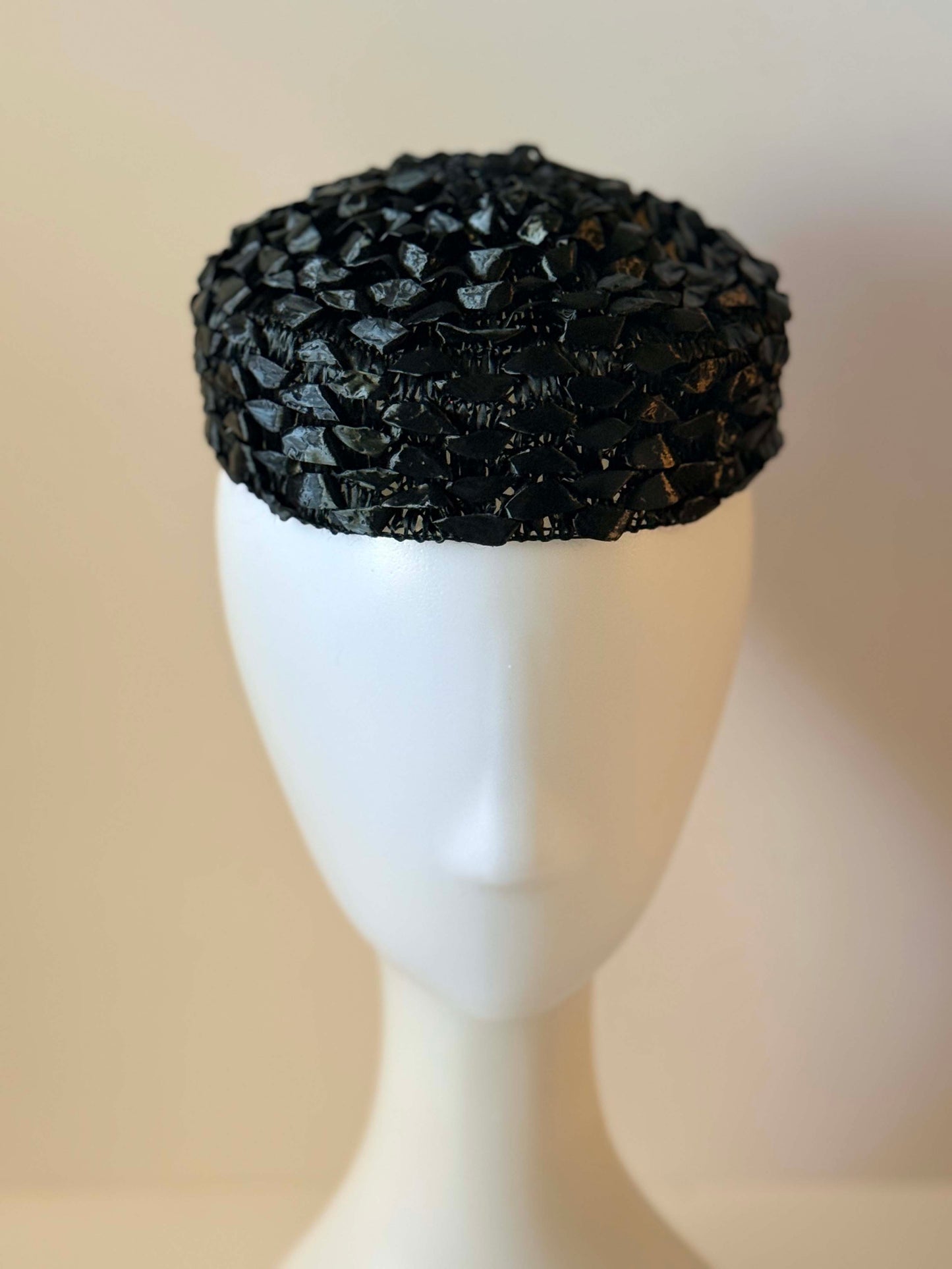 1950s Black Textured Cocktail Hat | Sculptural Woven Pillbox Fascinator | Mid Century Avant Garde Millinery