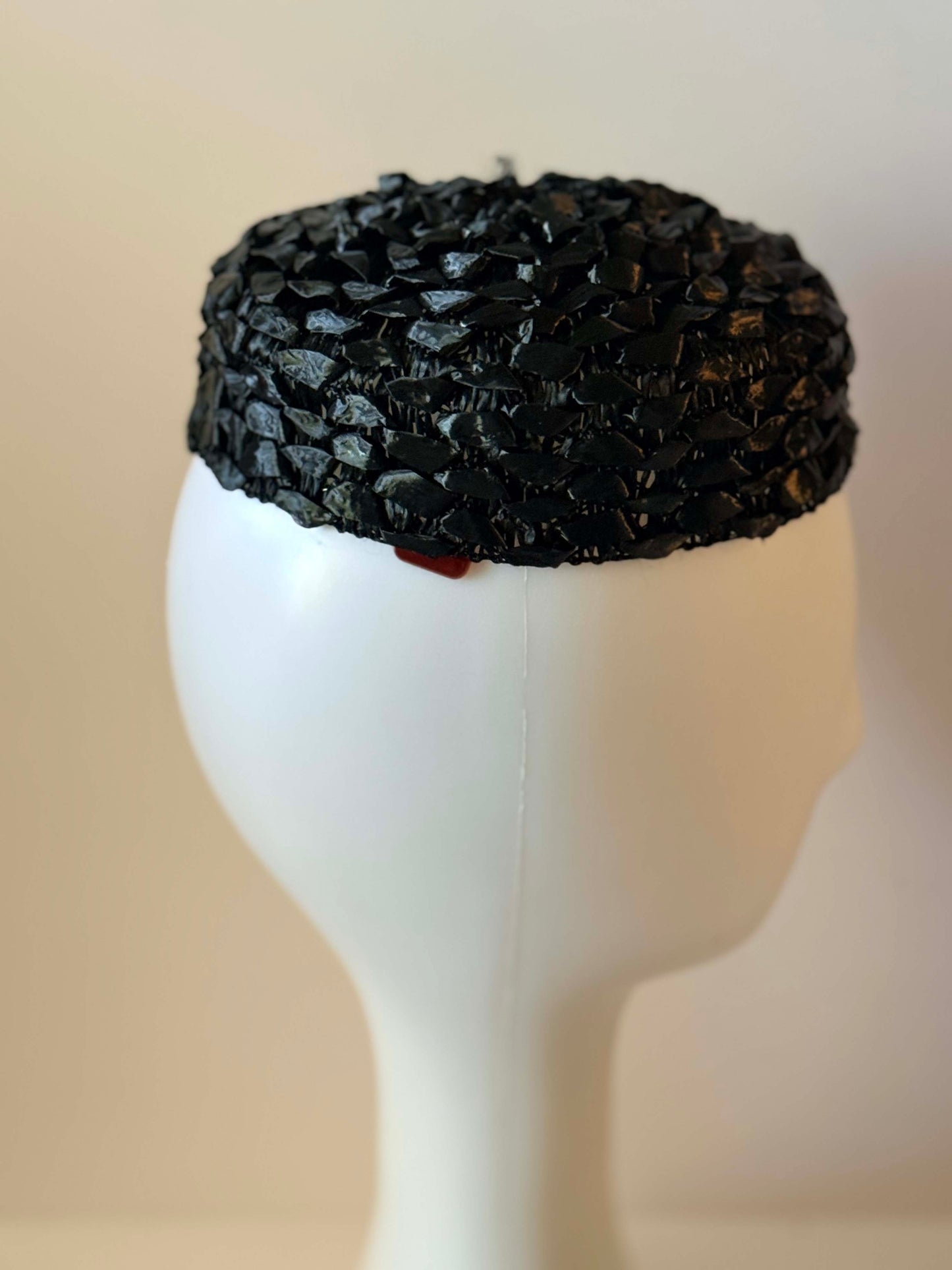 1950s Black Textured Cocktail Hat | Sculptural Woven Pillbox Fascinator | Mid Century Avant Garde Millinery