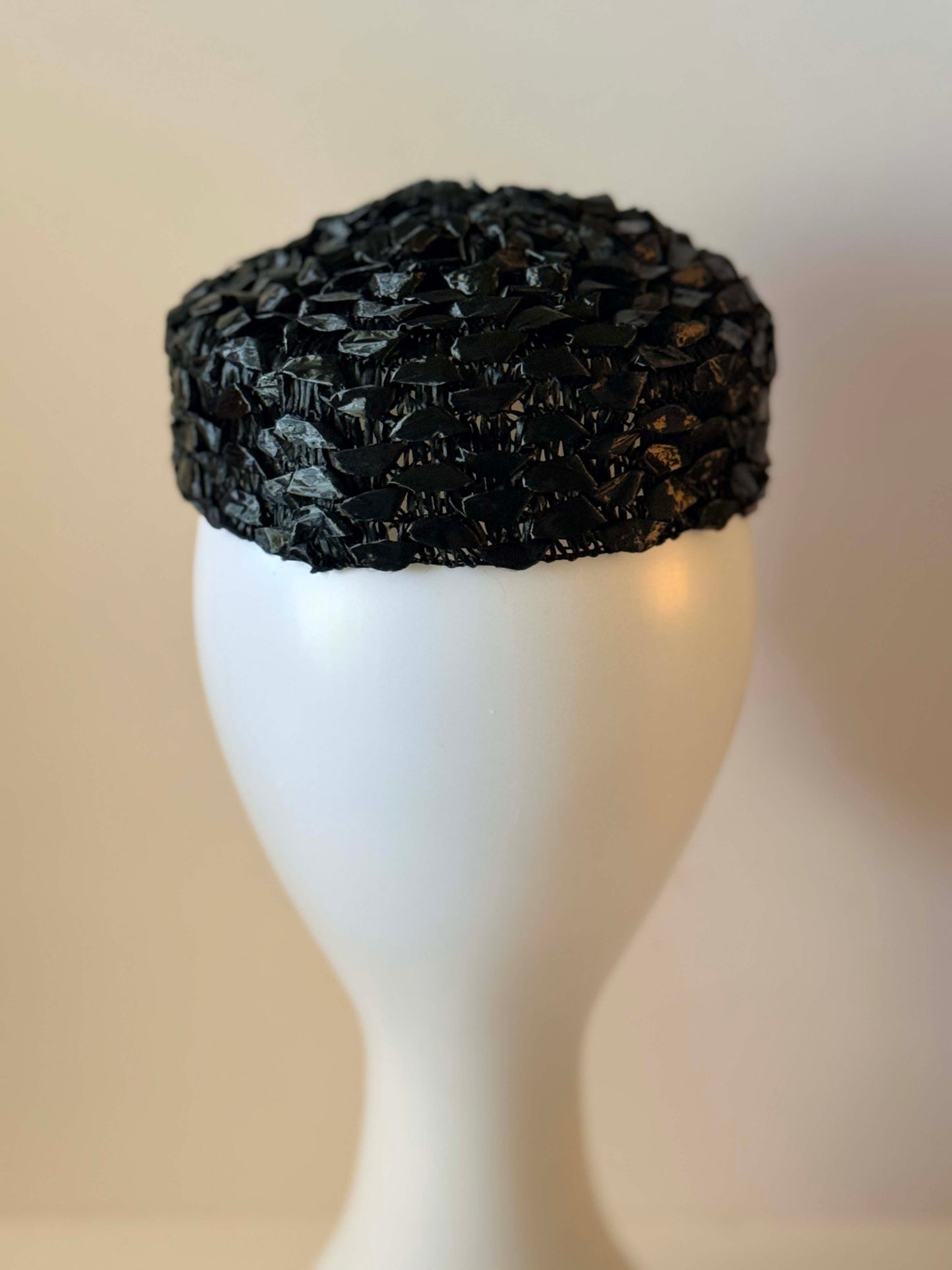 1950s Black Textured Cocktail Hat | Sculptural Woven Pillbox Fascinator | Mid Century Avant Garde Millinery