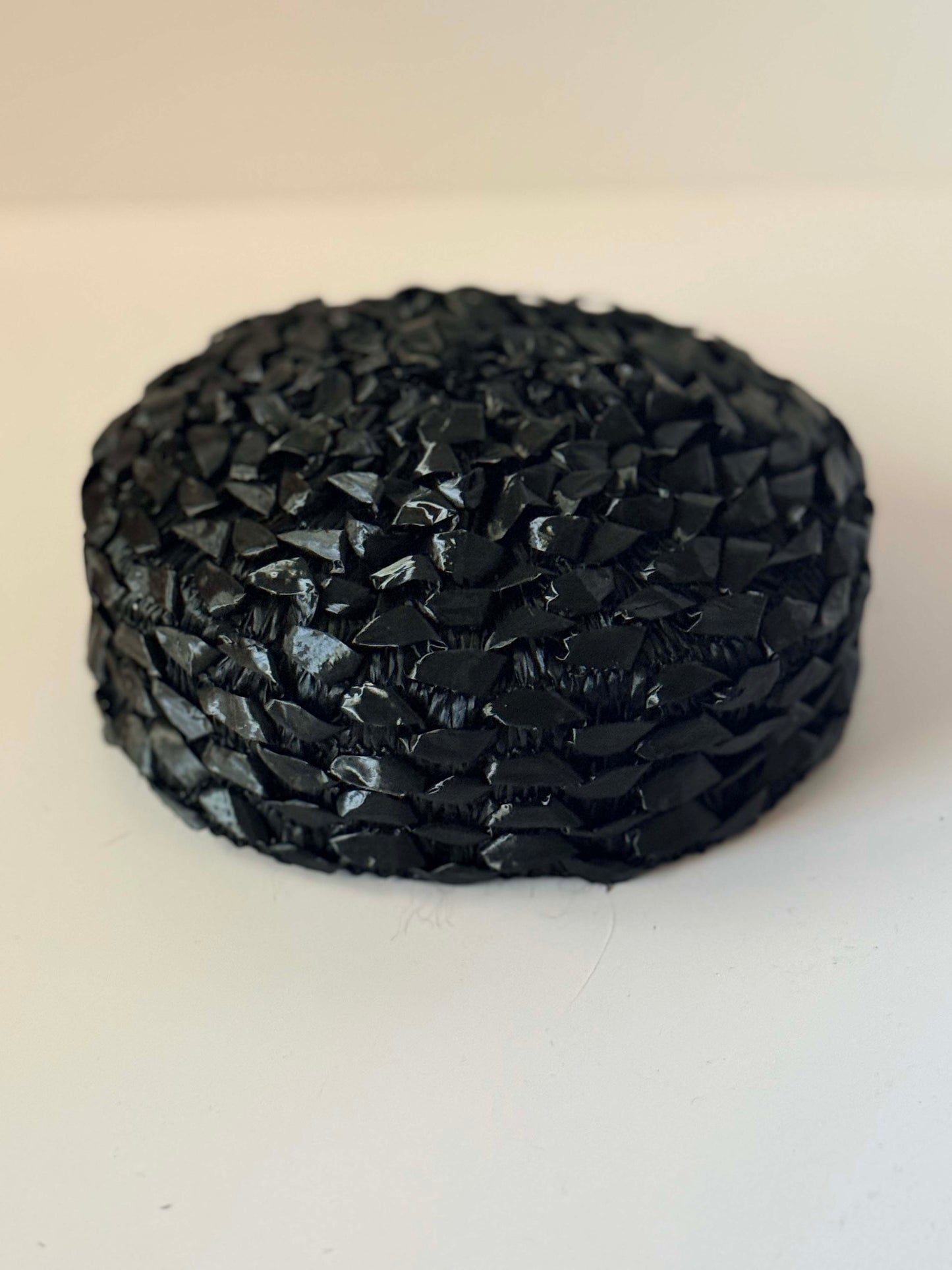 1950s Black Textured Cocktail Hat | Sculptural Woven Pillbox Fascinator | Mid Century Avant Garde Millinery