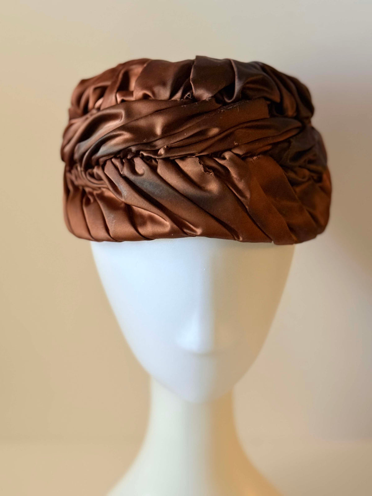 1950s Bronze Satin Cocktail Hat | Draped Turban Pillbox with Rhinestone Accent | Vintage Evening Millinery