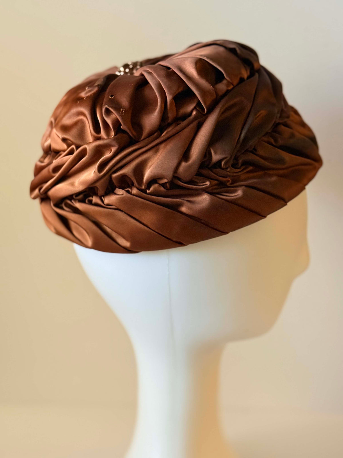 1950s Bronze Satin Cocktail Hat | Draped Turban Pillbox with Rhinestone Accent | Vintage Evening Millinery