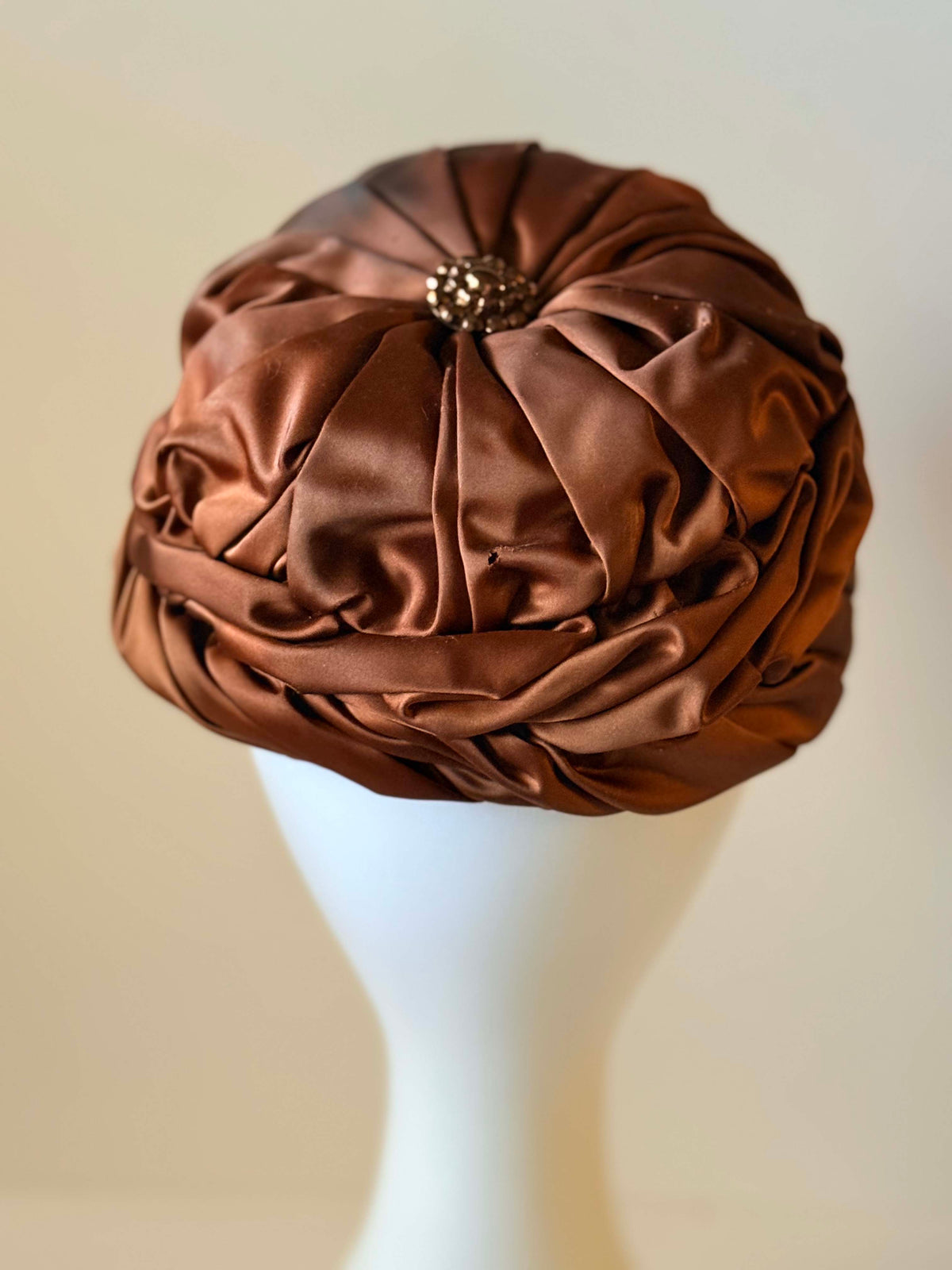 1950s Bronze Satin Cocktail Hat | Draped Turban Pillbox with Rhinestone Accent | Vintage Evening Millinery