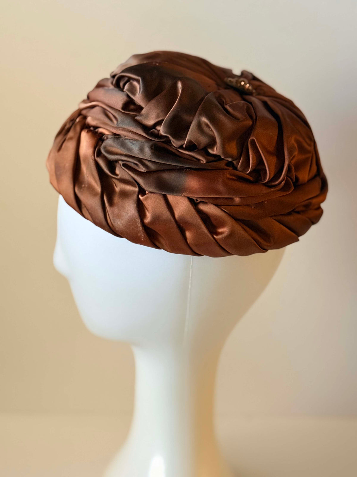 1950s Bronze Satin Cocktail Hat | Draped Turban Pillbox with Rhinestone Accent | Vintage Evening Millinery