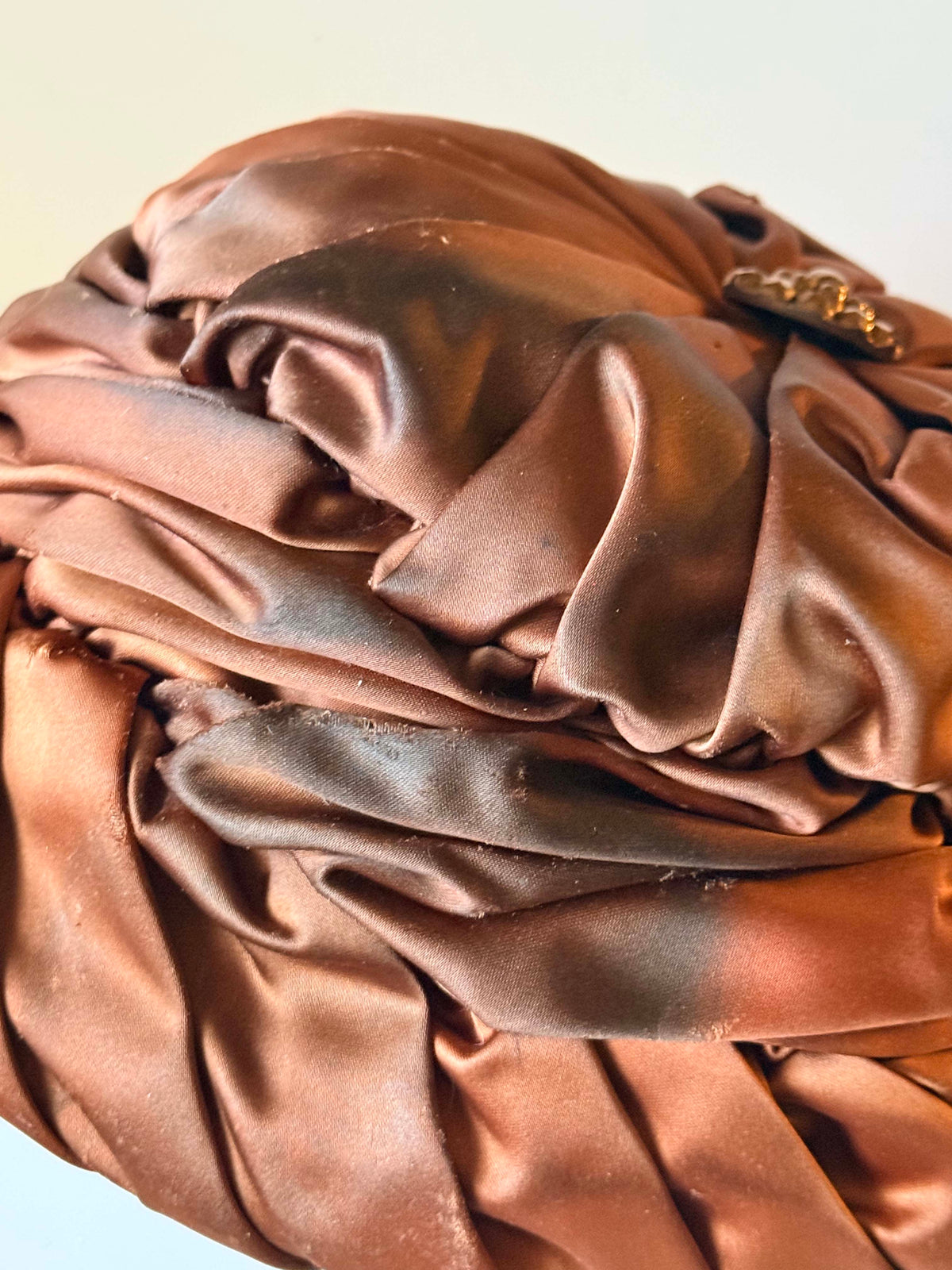 1950s Bronze Satin Cocktail Hat | Draped Turban Pillbox with Rhinestone Accent | Vintage Evening Millinery