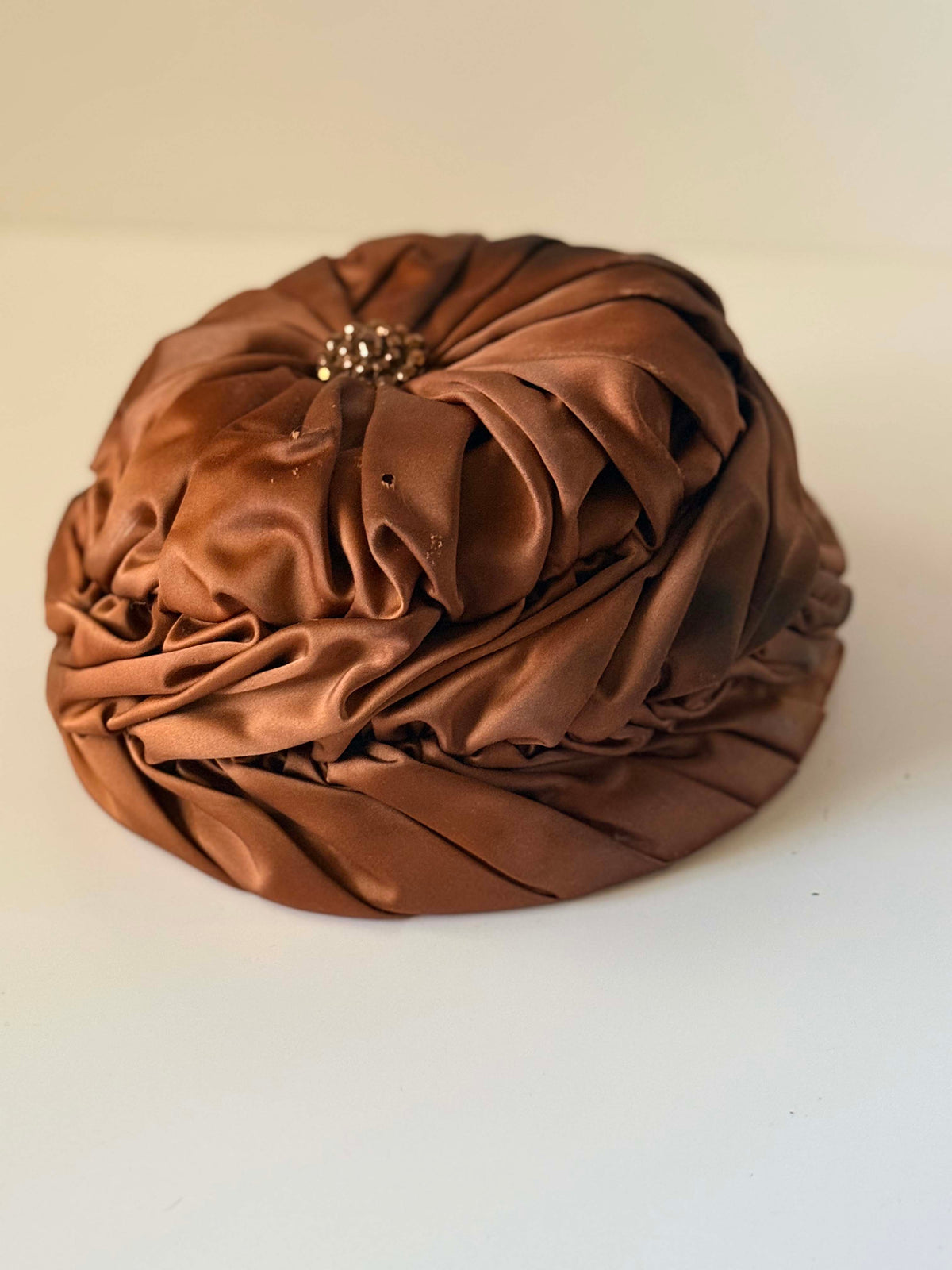 1950s Bronze Satin Cocktail Hat | Draped Turban Pillbox with Rhinestone Accent | Vintage Evening Millinery