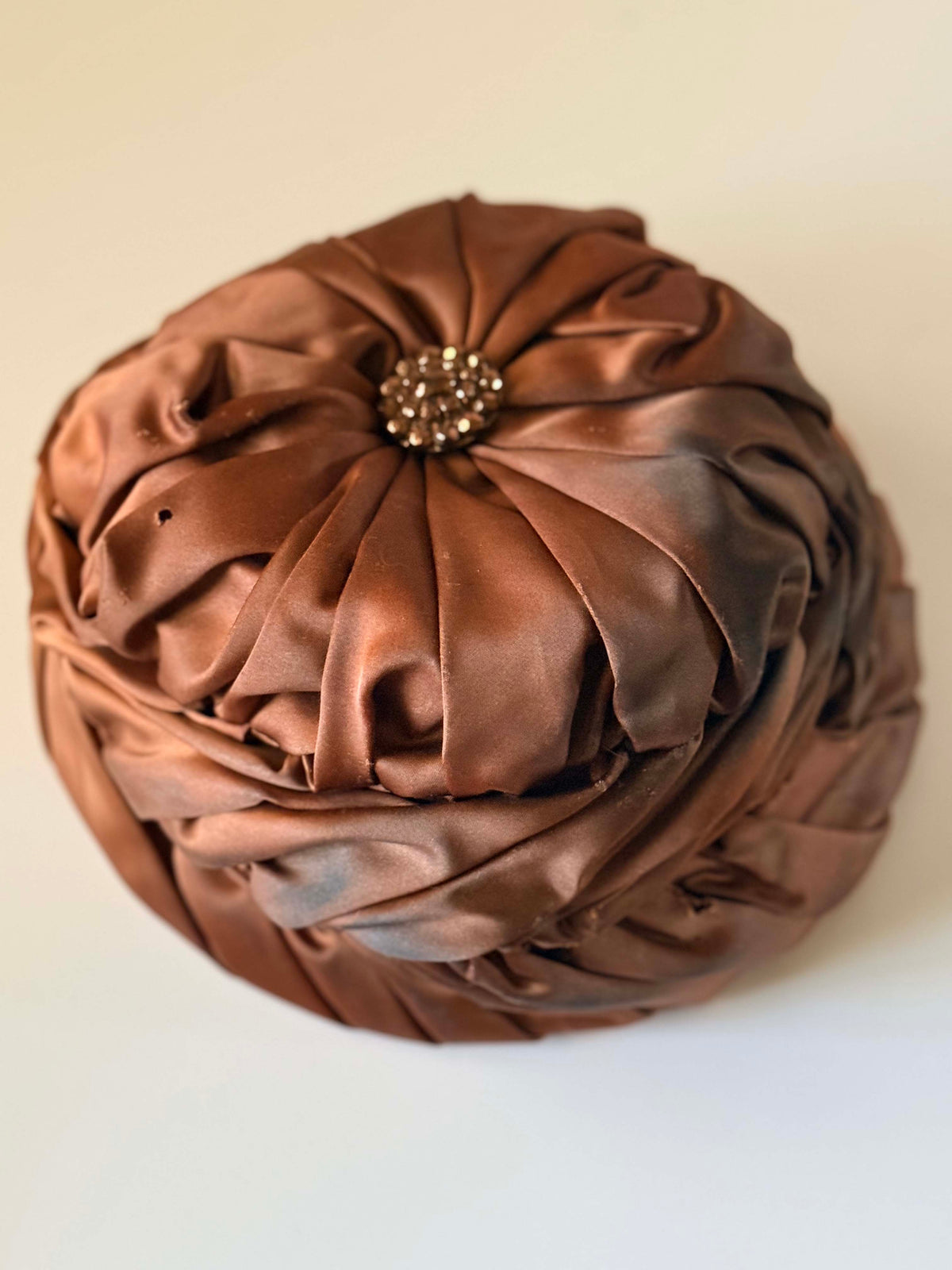 1950s Bronze Satin Cocktail Hat | Draped Turban Pillbox with Rhinestone Accent | Vintage Evening Millinery