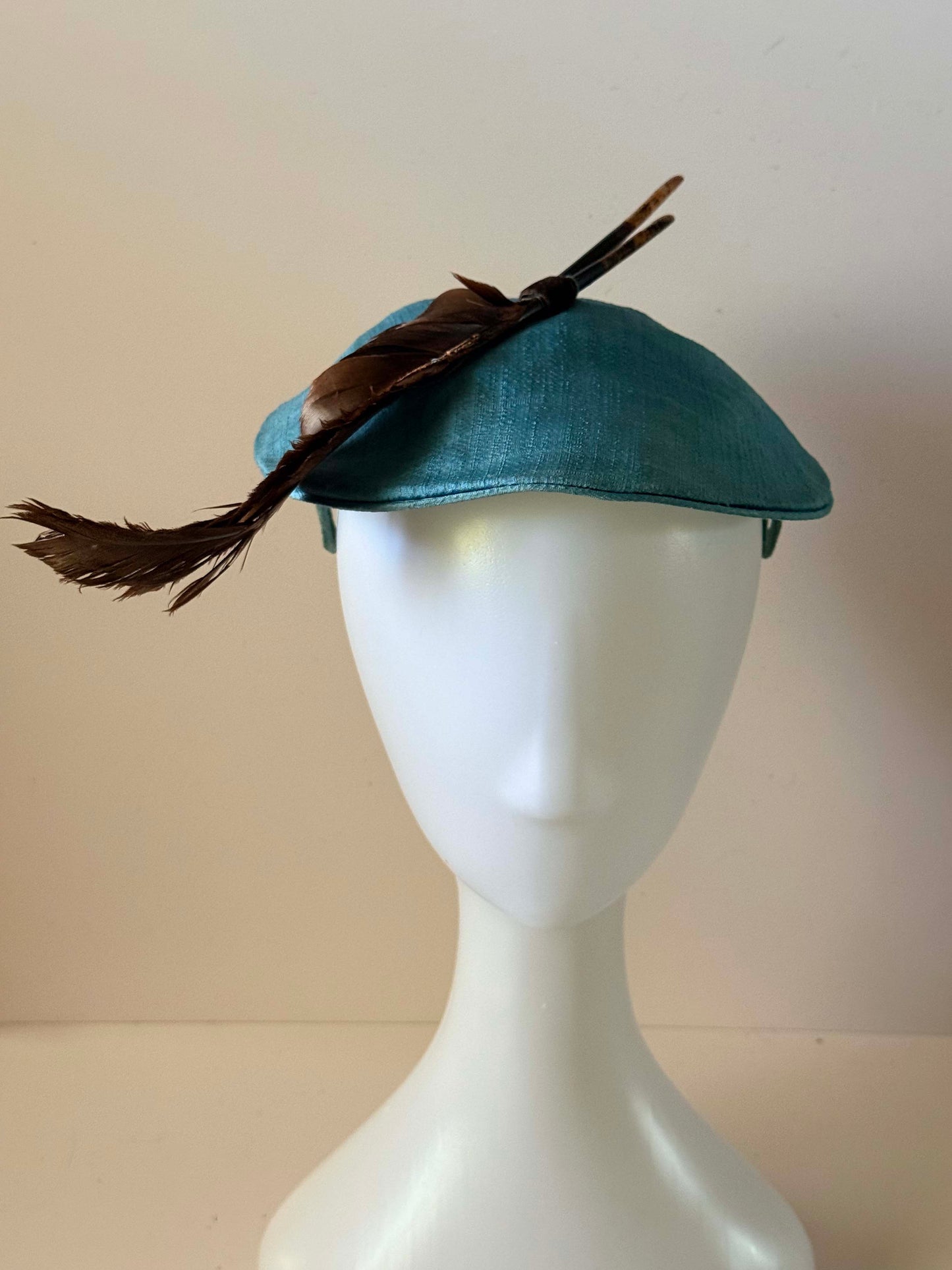 1950s Turquoise Blue Tilt Hat | Feather Accent Fascinator | Vintage Mid Century Cocktail Millinery