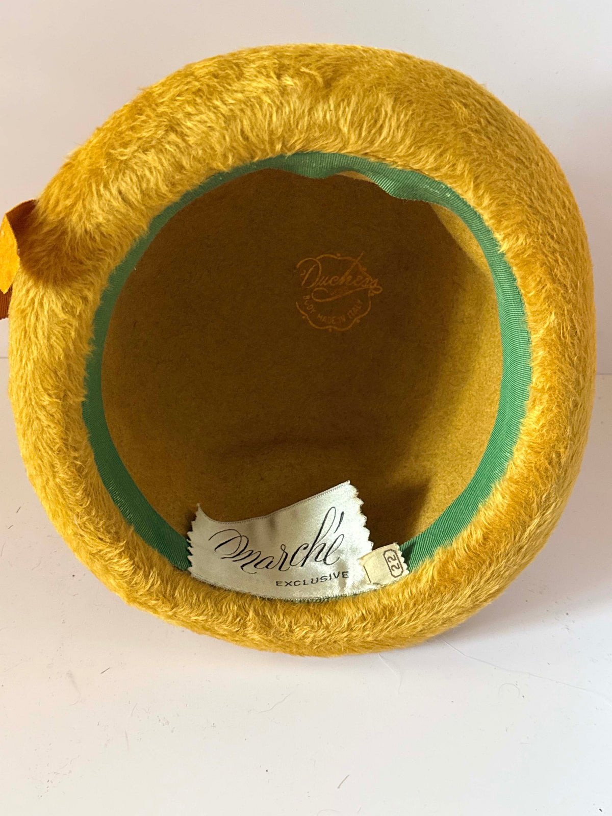 Vintage 1960s Mustard Yellow Cloche Hat | Marché Exclusive Feather Trim Hat | Mod Retro Brimmed Hat | Size 22