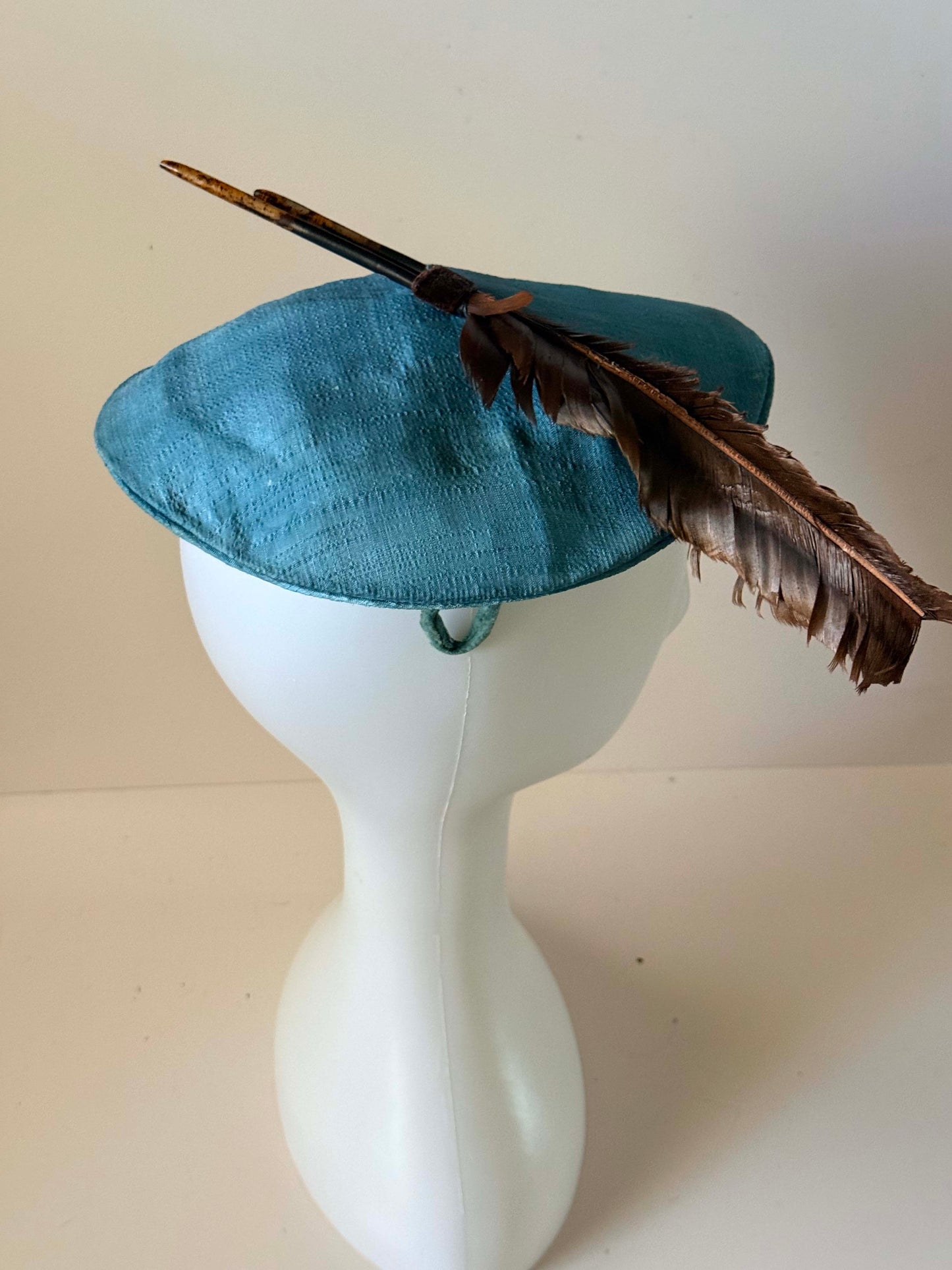 1950s Turquoise Blue Tilt Hat | Feather Accent Fascinator | Vintage Mid Century Cocktail Millinery