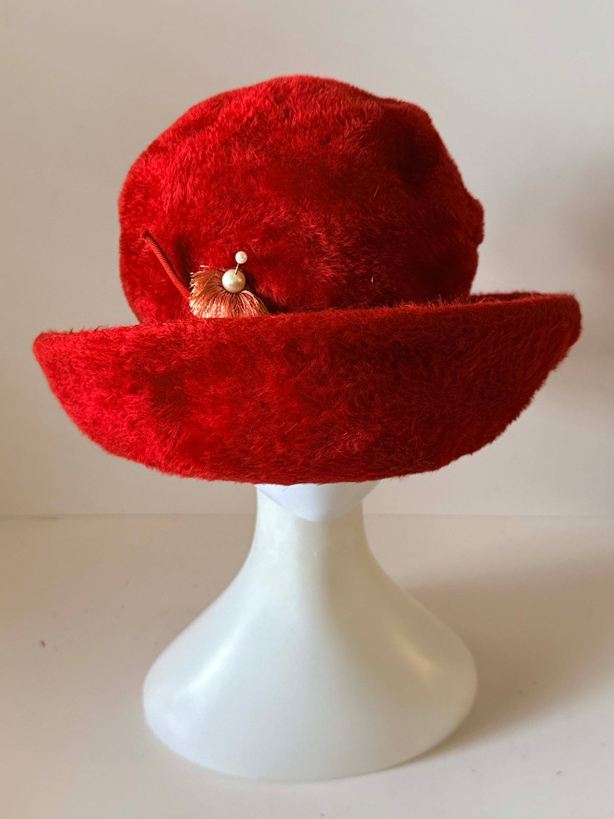 Vintage 1960s Red Plush Hat | Mod Brimmed Cloche Style | Pearl & Gold Tassel Accent | Retro Winter Fashion
