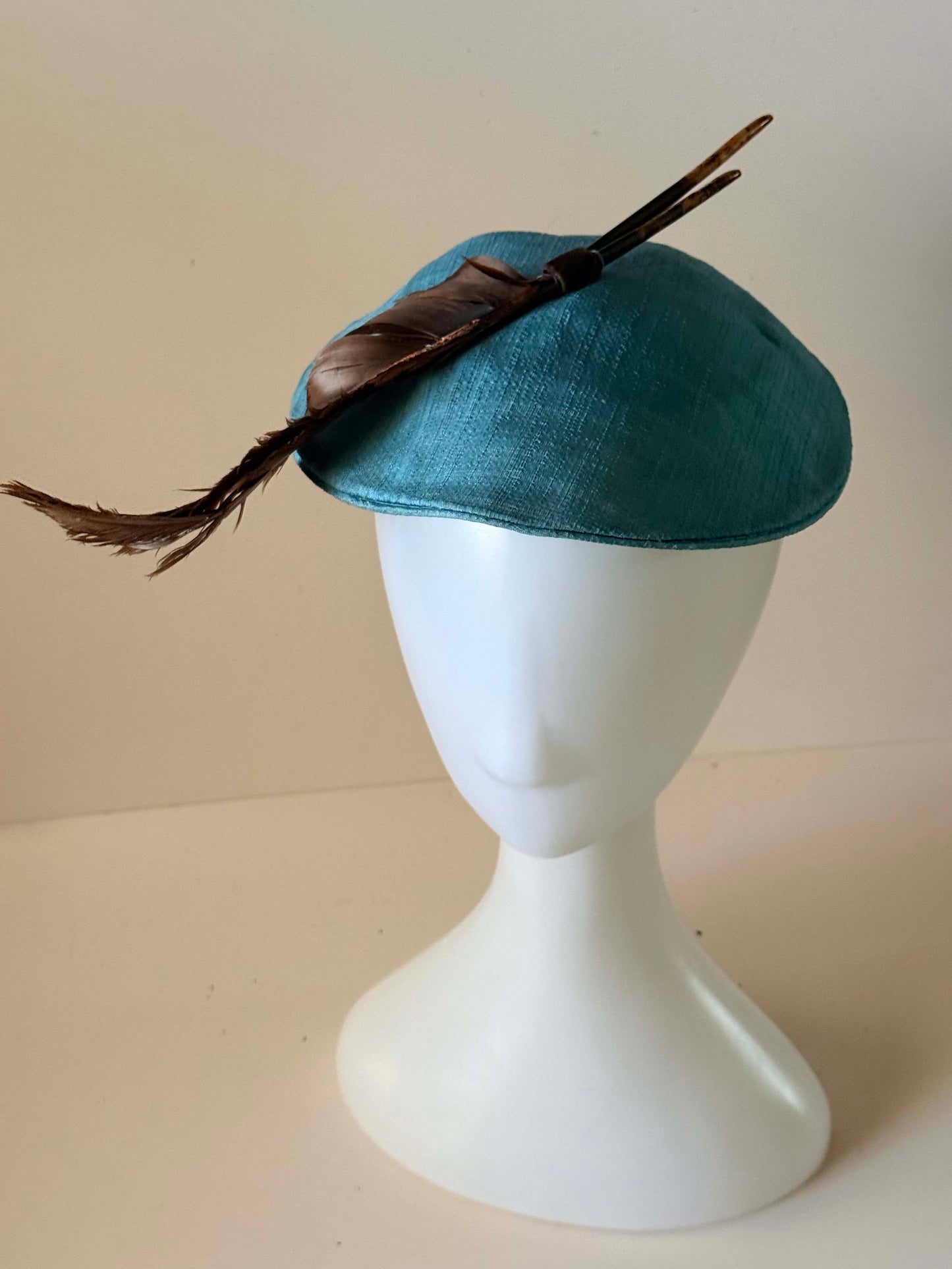 1950s Turquoise Blue Tilt Hat | Feather Accent Fascinator | Vintage Mid Century Cocktail Millinery