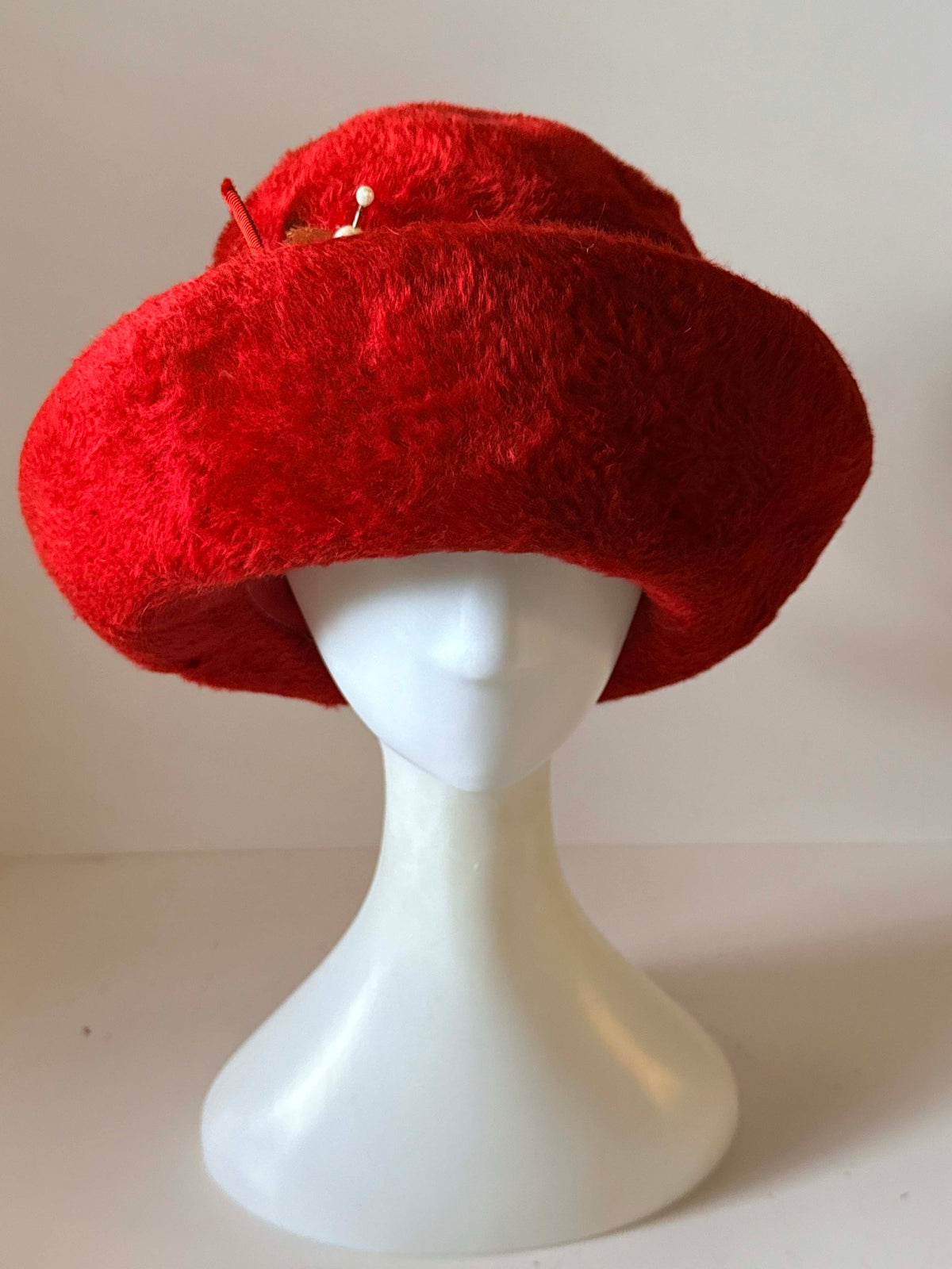 Vintage 1960s Red Plush Hat | Mod Brimmed Cloche Style | Pearl & Gold Tassel Accent | Retro Winter Fashion