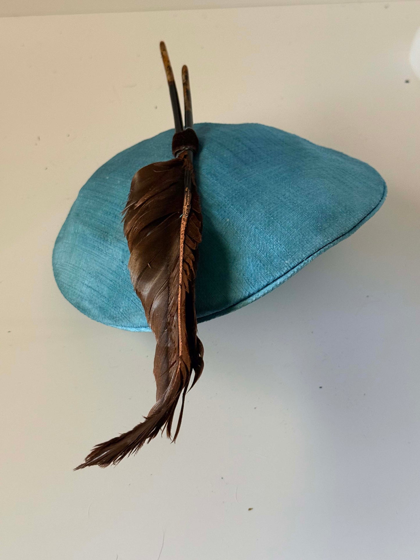 1950s Turquoise Blue Tilt Hat | Feather Accent Fascinator | Vintage Mid Century Cocktail Millinery