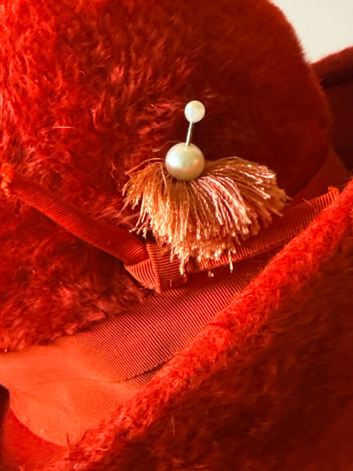 Vintage 1960s Red Plush Hat | Mod Brimmed Cloche Style | Pearl & Gold Tassel Accent | Retro Winter Fashion