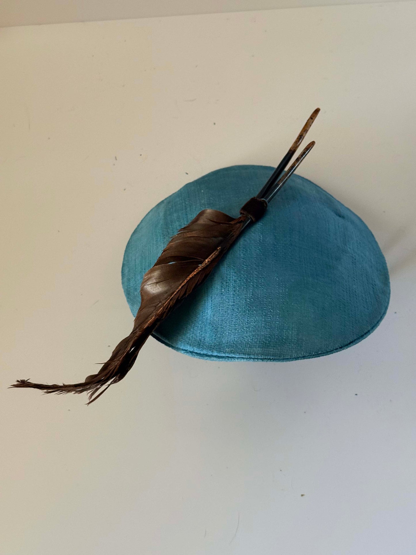 1950s Turquoise Blue Tilt Hat | Feather Accent Fascinator | Vintage Mid Century Cocktail Millinery