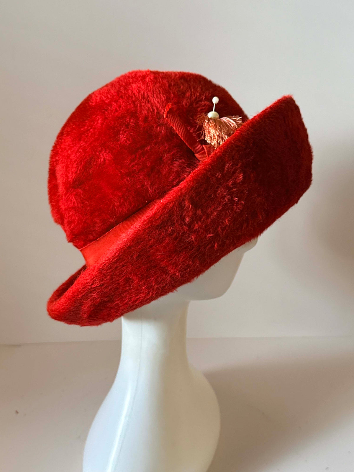 Vintage 1960s Red Plush Hat | Mod Brimmed Cloche Style | Pearl & Gold Tassel Accent | Retro Winter Fashion