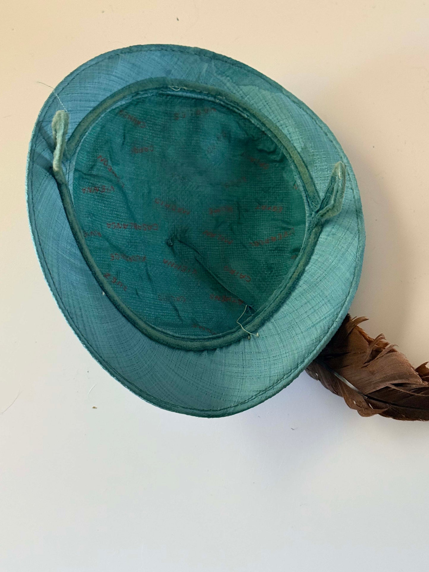 1950s Turquoise Blue Tilt Hat | Feather Accent Fascinator | Vintage Mid Century Cocktail Millinery