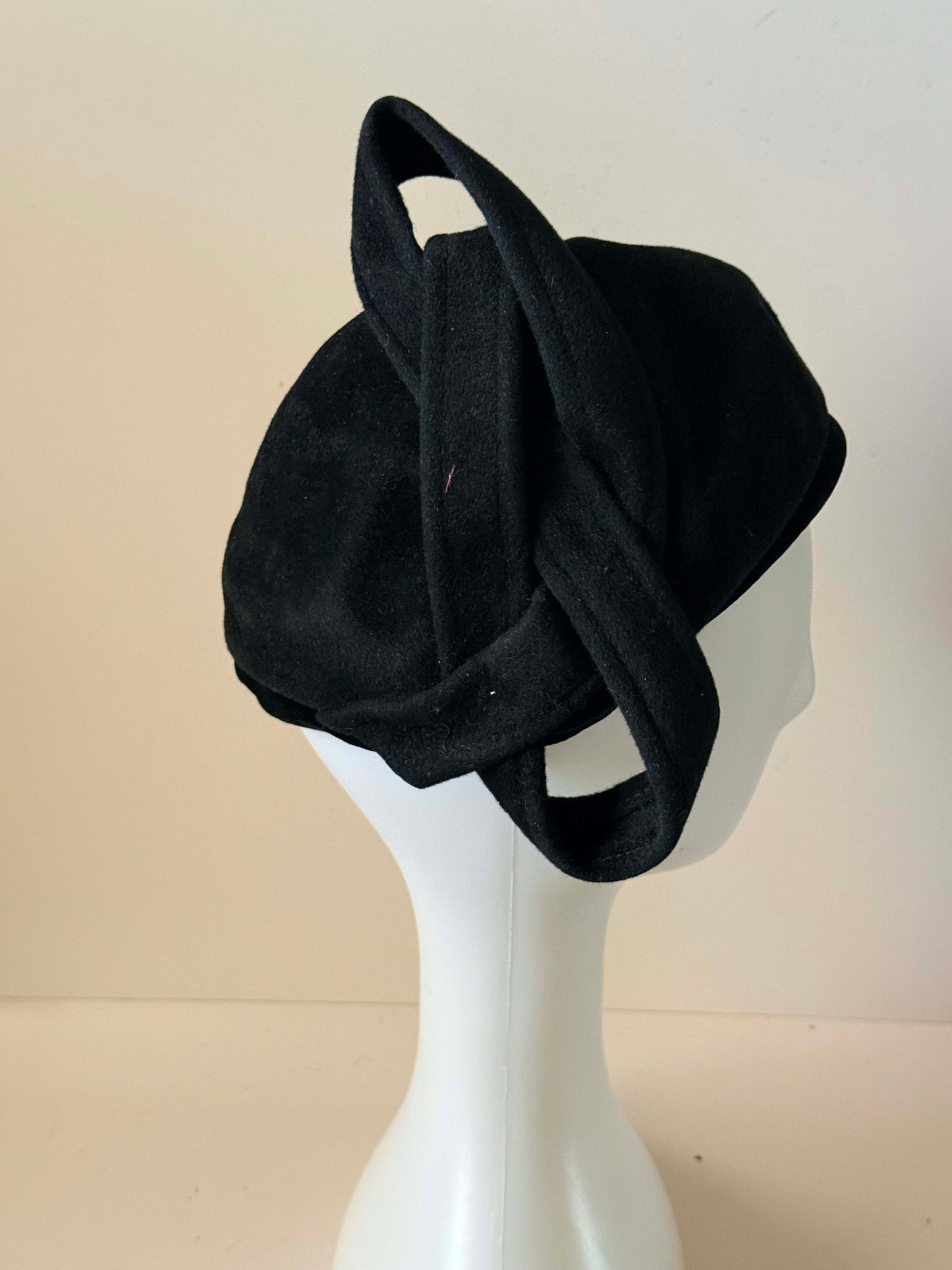 1950s Jack McConnell Black Wool Sculptural Hat | Avant Garde Cocktail Hat | Vintage Designer Millinery
