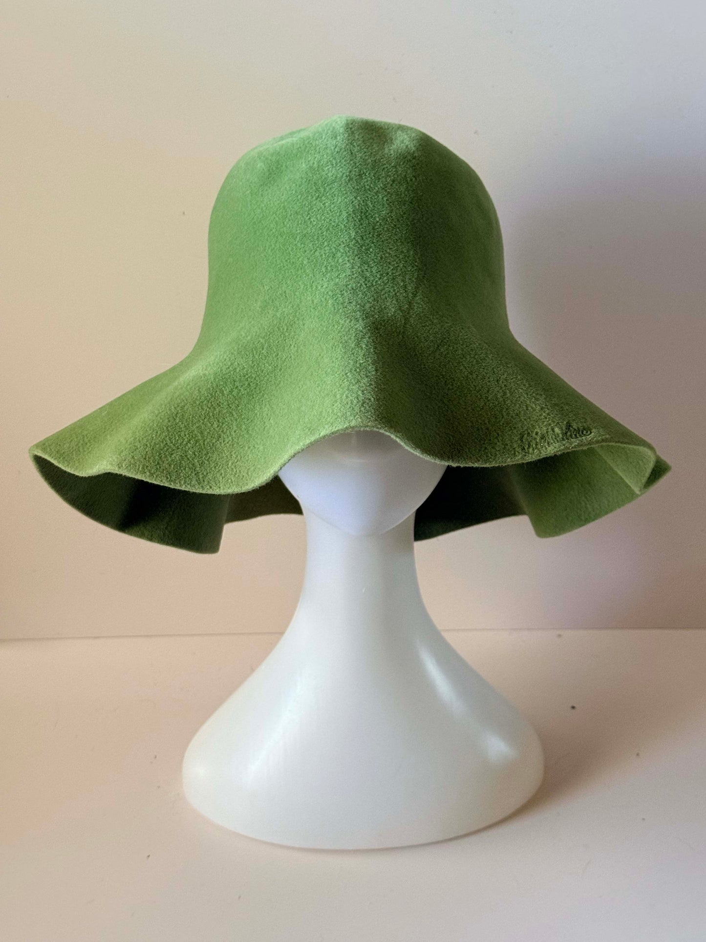 Vintage Borsalino Apple Green Wool Felt Wide Brim Hat | Italian Designer Sculptural Floppy Hat | Avant Garde Mod Millinery