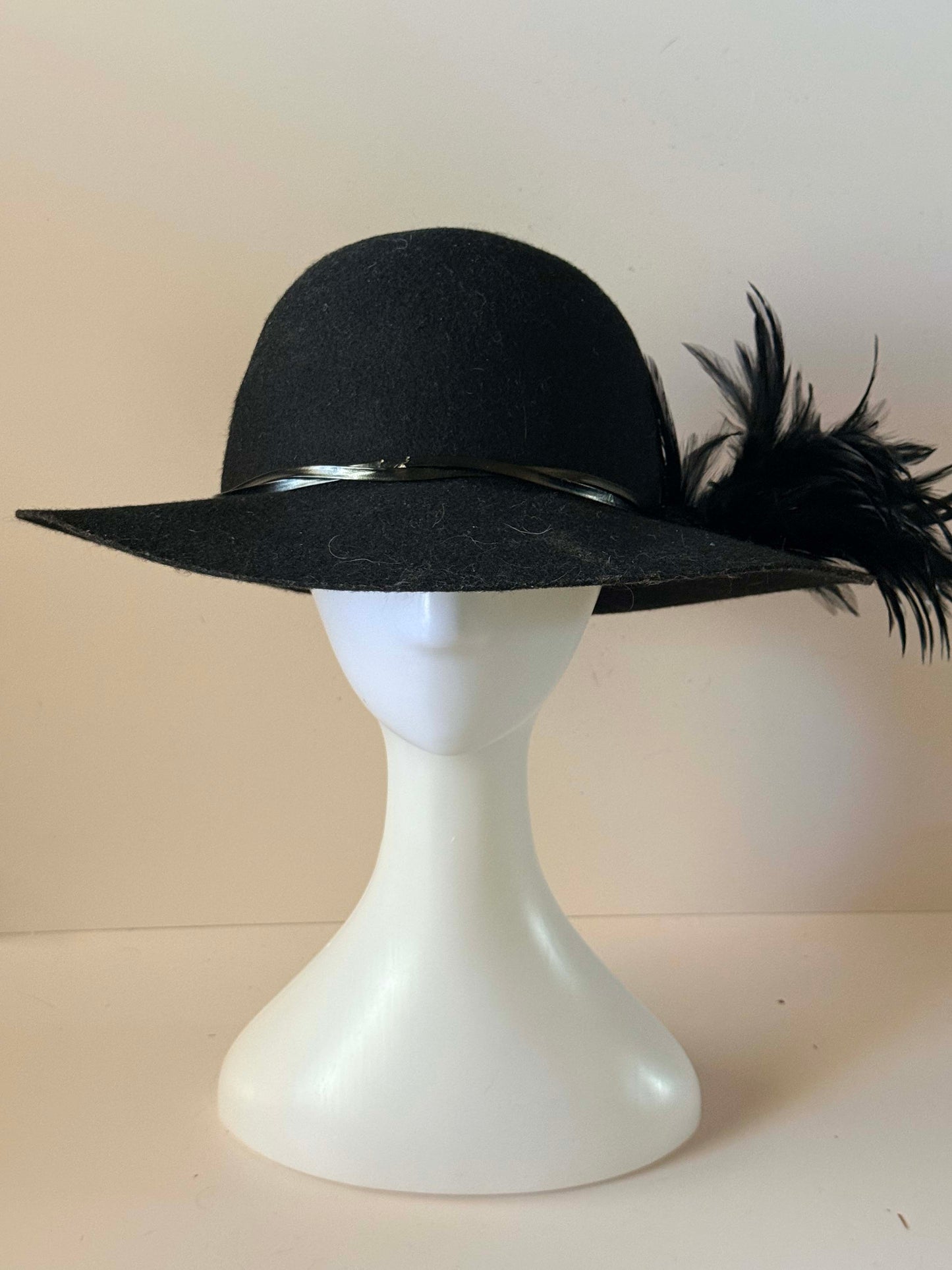 Vintage 1960s Black Wool Felt Wide Brim Hat | Feather Trim Cocktail Hat | Elegant Mod Derby Hat