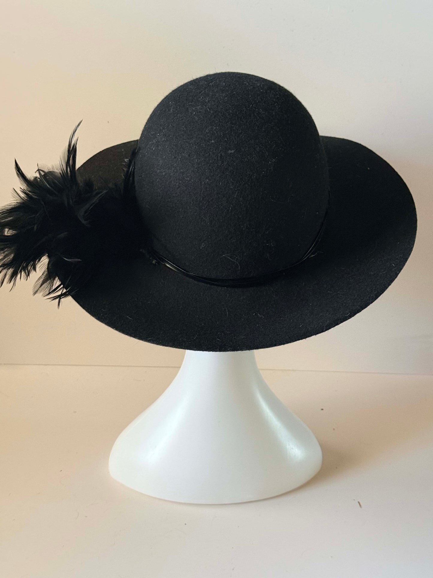 Vintage 1960s Black Wool Felt Wide Brim Hat | Feather Trim Cocktail Hat | Elegant Mod Derby Hat