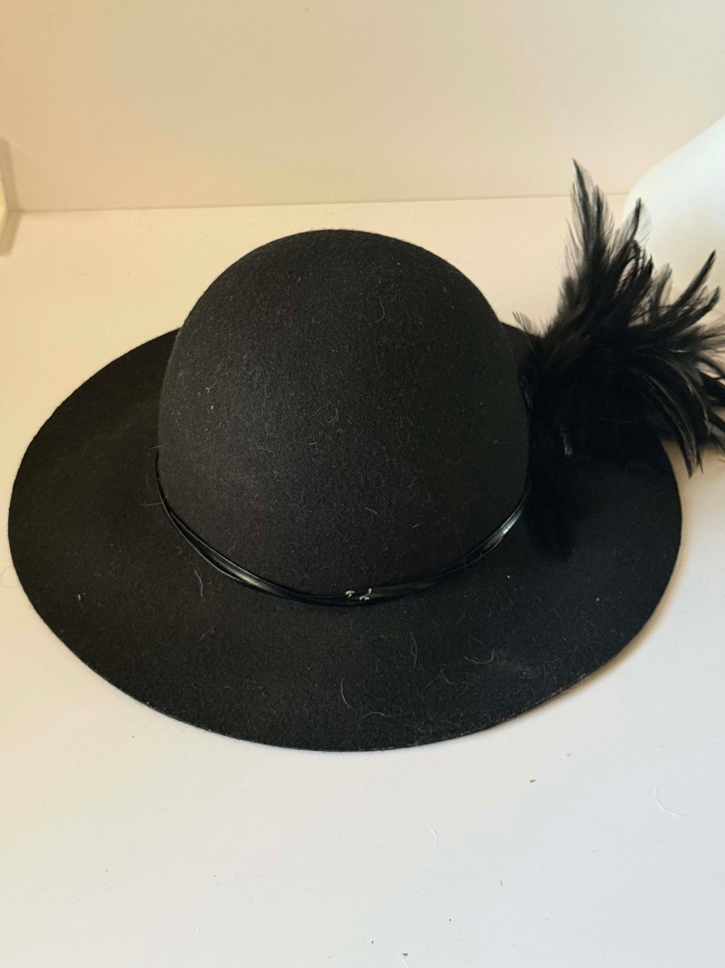 Vintage 1960s Black Wool Felt Wide Brim Hat | Feather Trim Cocktail Hat | Elegant Mod Derby Hat