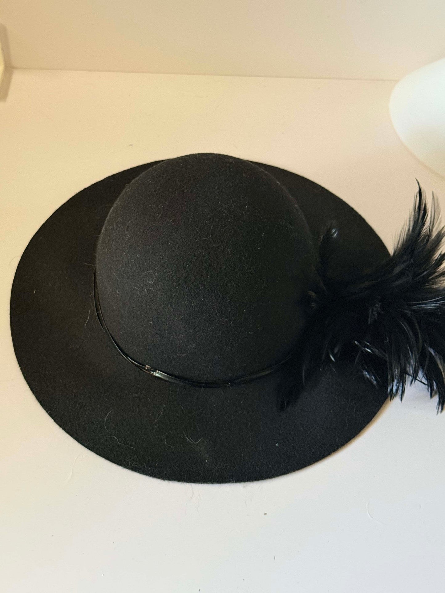 Vintage 1960s Black Wool Felt Wide Brim Hat | Feather Trim Cocktail Hat | Elegant Mod Derby Hat