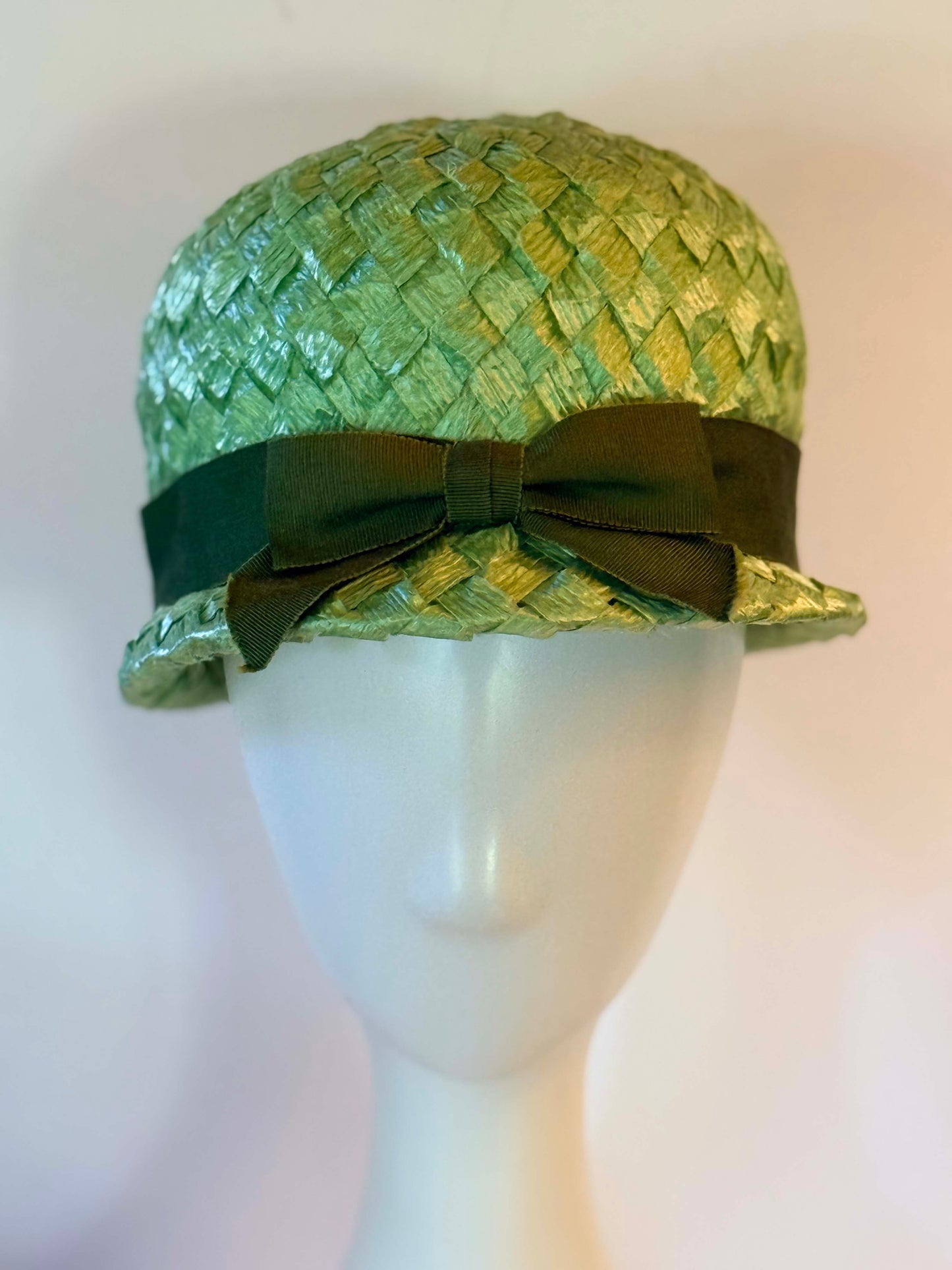 Vintage Mint Green Raffia Cloche Hat | 1960s Mod Straw Bubble Hat | Retro Spring Cocktail Hat