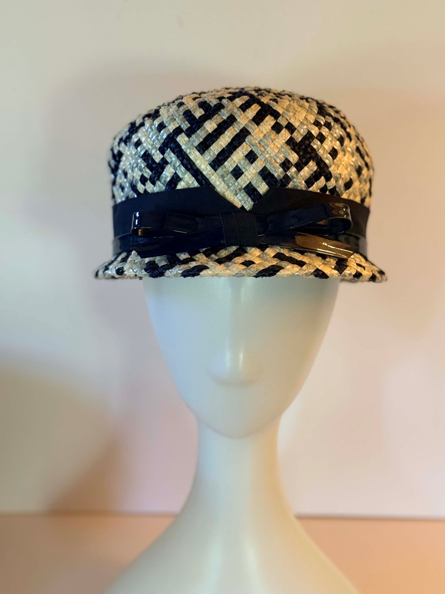 Vintage Navy Blue and White Woven Raffia Pillbox Hat | 1960s Mod Straw Fascinator | Mid Century Cocktail Hat