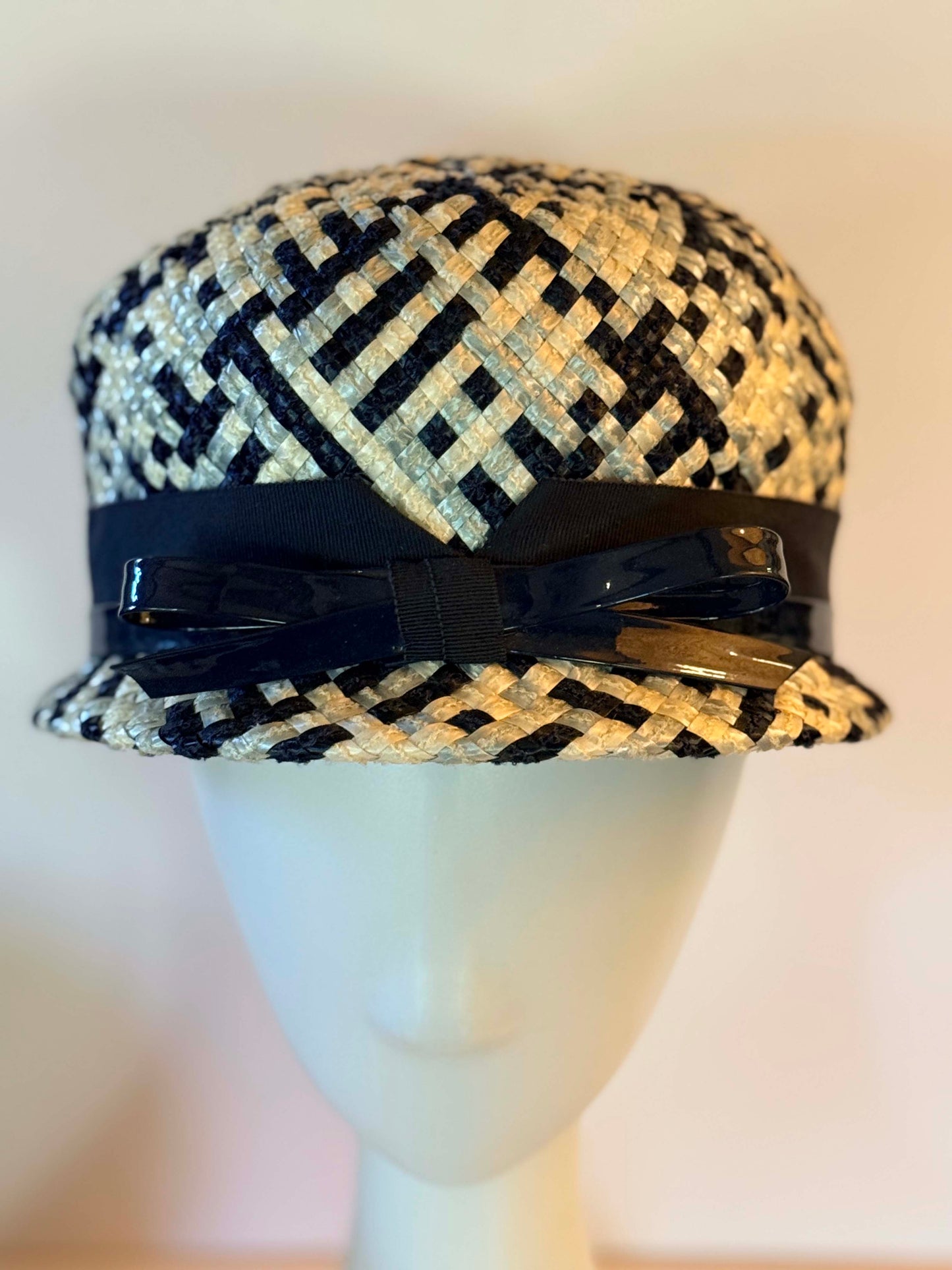 Vintage Navy Blue and White Woven Raffia Pillbox Hat | 1960s Mod Straw Fascinator | Mid Century Cocktail Hat