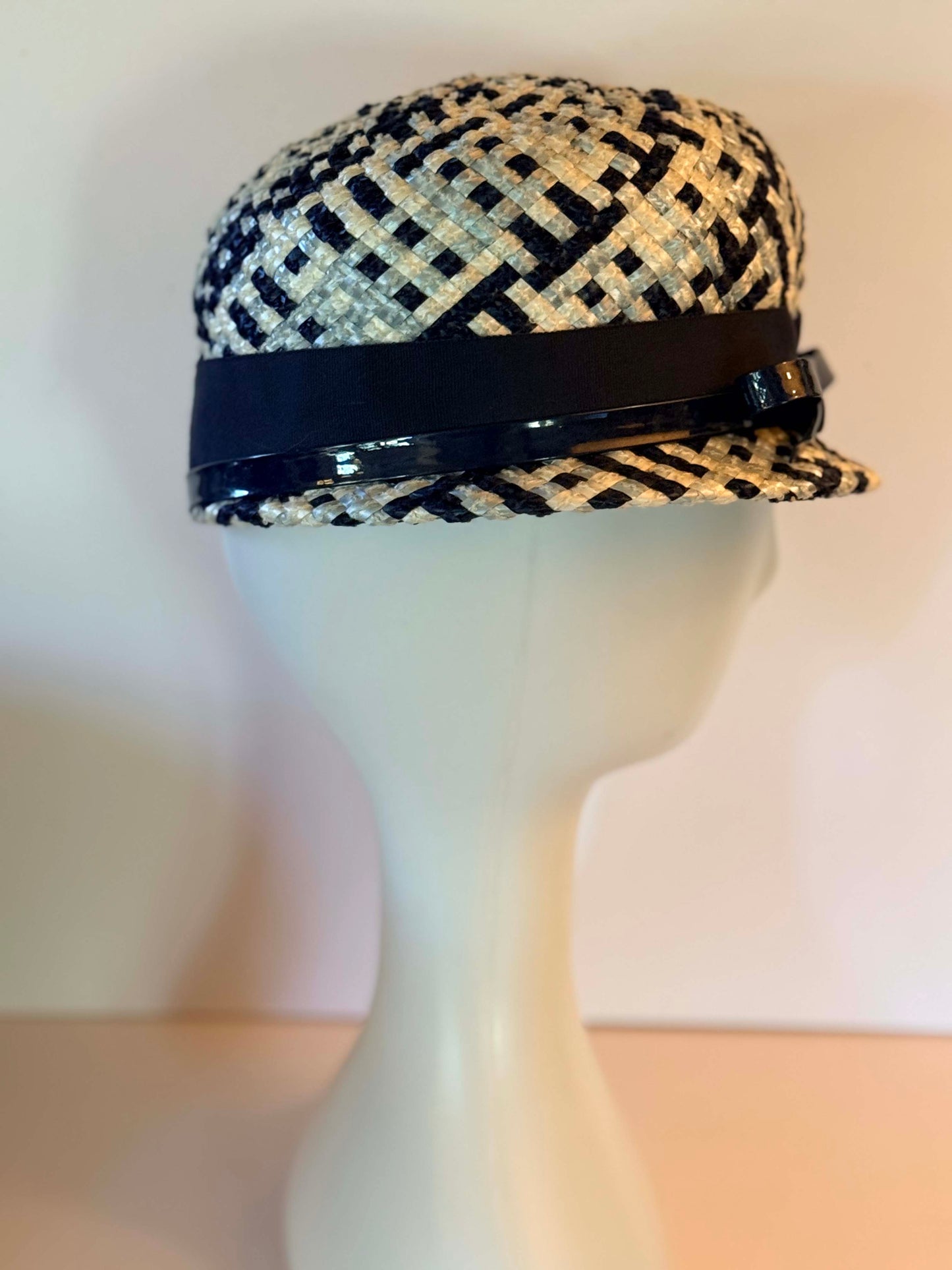 Vintage Navy Blue and White Woven Raffia Pillbox Hat | 1960s Mod Straw Fascinator | Mid Century Cocktail Hat