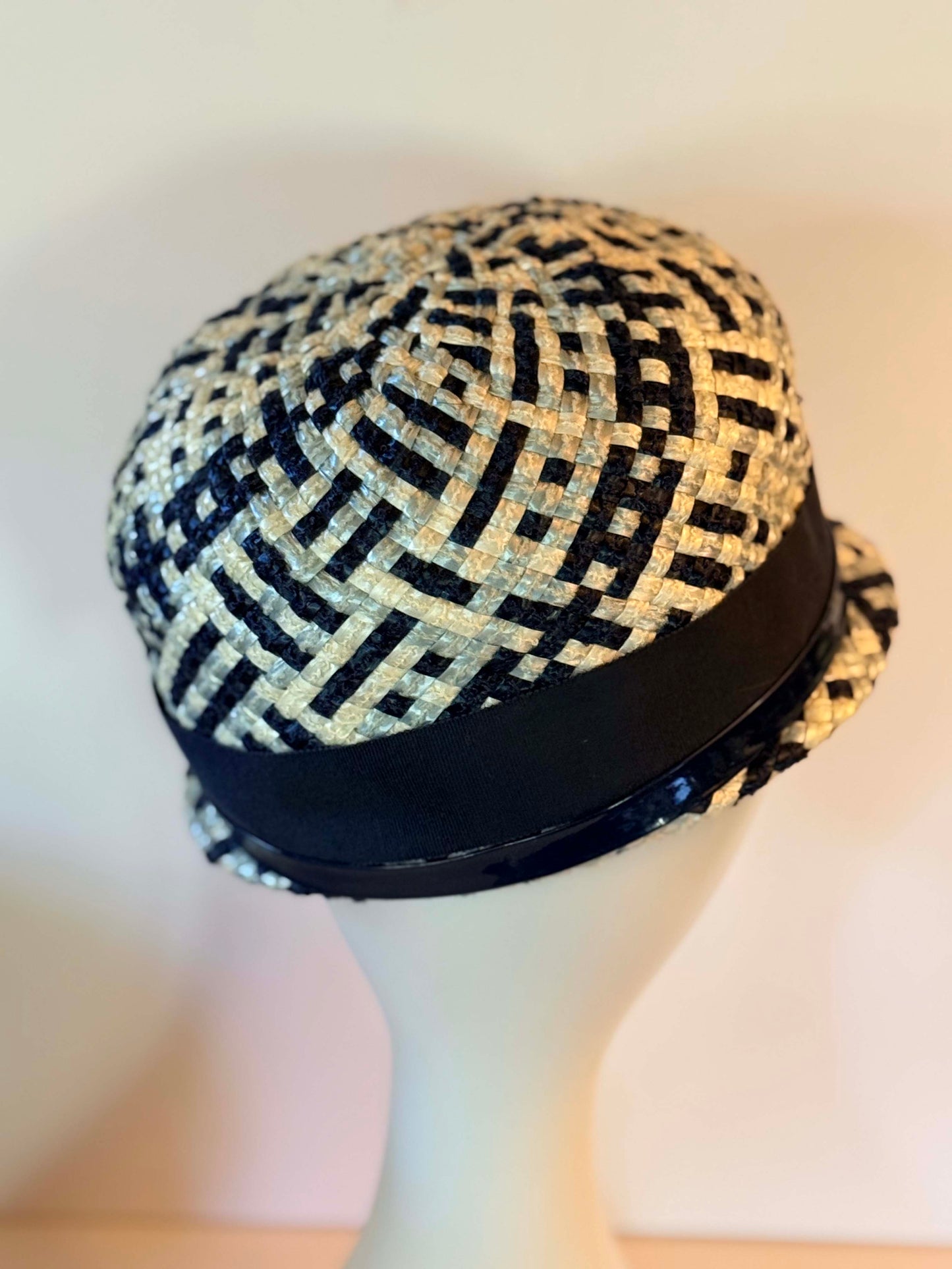Vintage Navy Blue and White Woven Raffia Pillbox Hat | 1960s Mod Straw Fascinator | Mid Century Cocktail Hat
