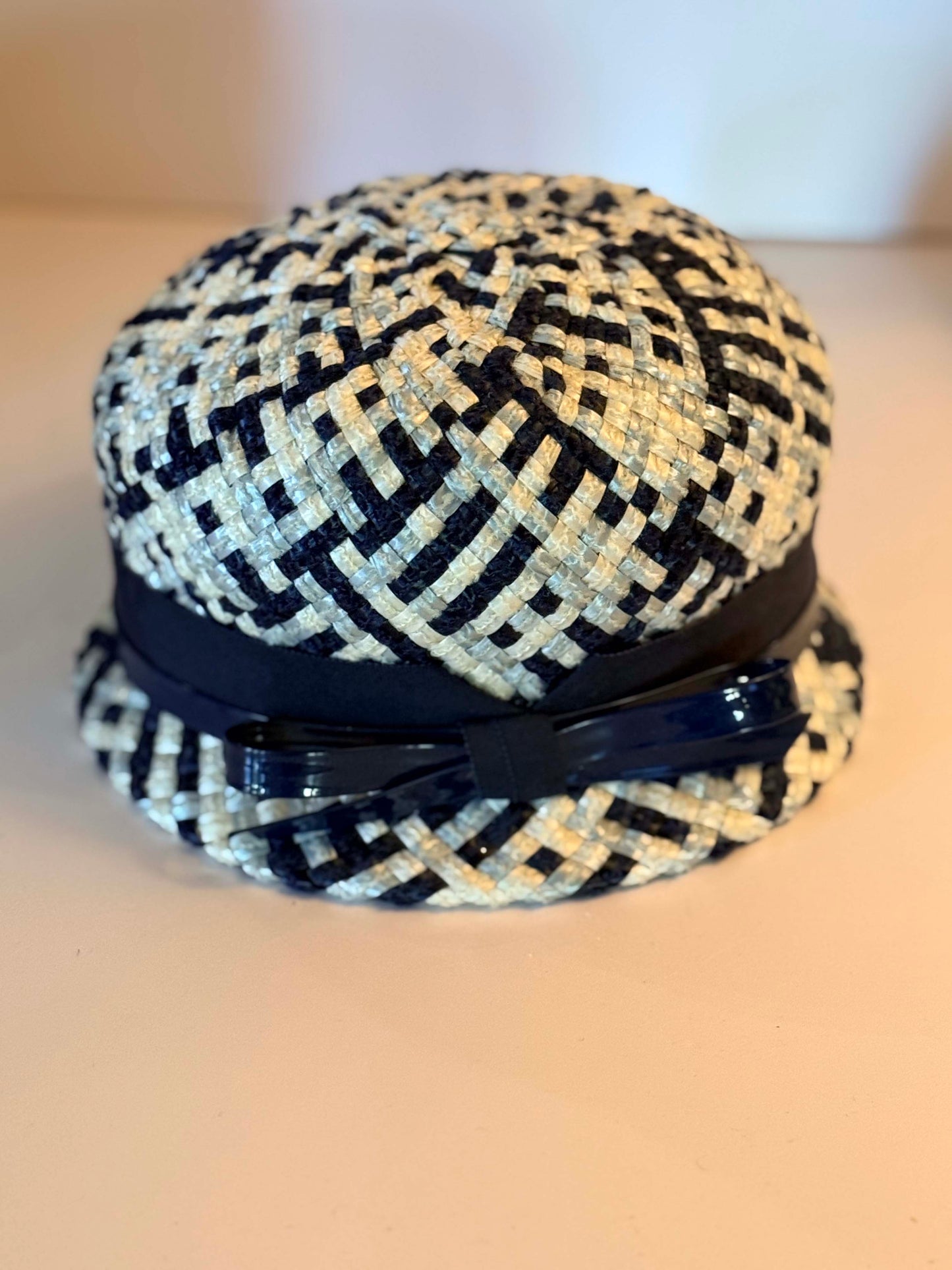 Vintage Navy Blue and White Woven Raffia Pillbox Hat | 1960s Mod Straw Fascinator | Mid Century Cocktail Hat